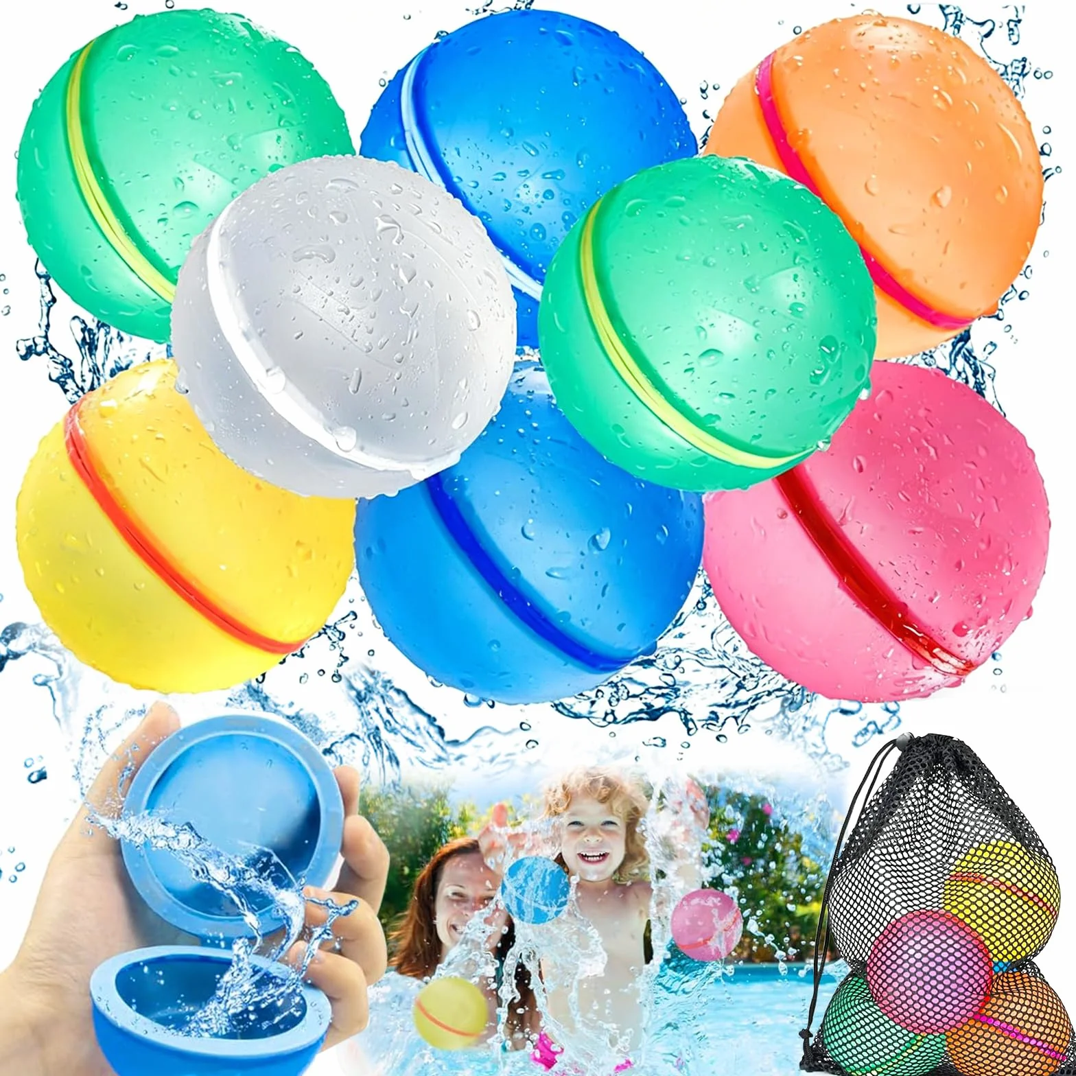 8 Pcs Wielokrotnego Użytku Bomby Wodne, Samozamykające się Silikonowe Magnetyczne Bomby Wodne, Szybkie Napełnianie, Zabawki Wodne na Zewnątrz, Letnia Impreza Basenowa dla Dzieci i Dorosłych