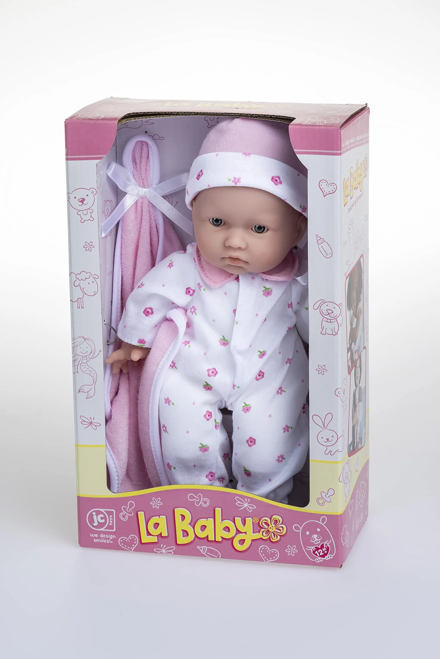JC Toys La Baby kaukaska lalka niemowlęca, zestaw 28 cm, miękka lalka niemowlęca, nadająca się do prania, zdejmowany, różowy strój z czapką i kocem, dla dzieci w wieku od 12 miesięcy