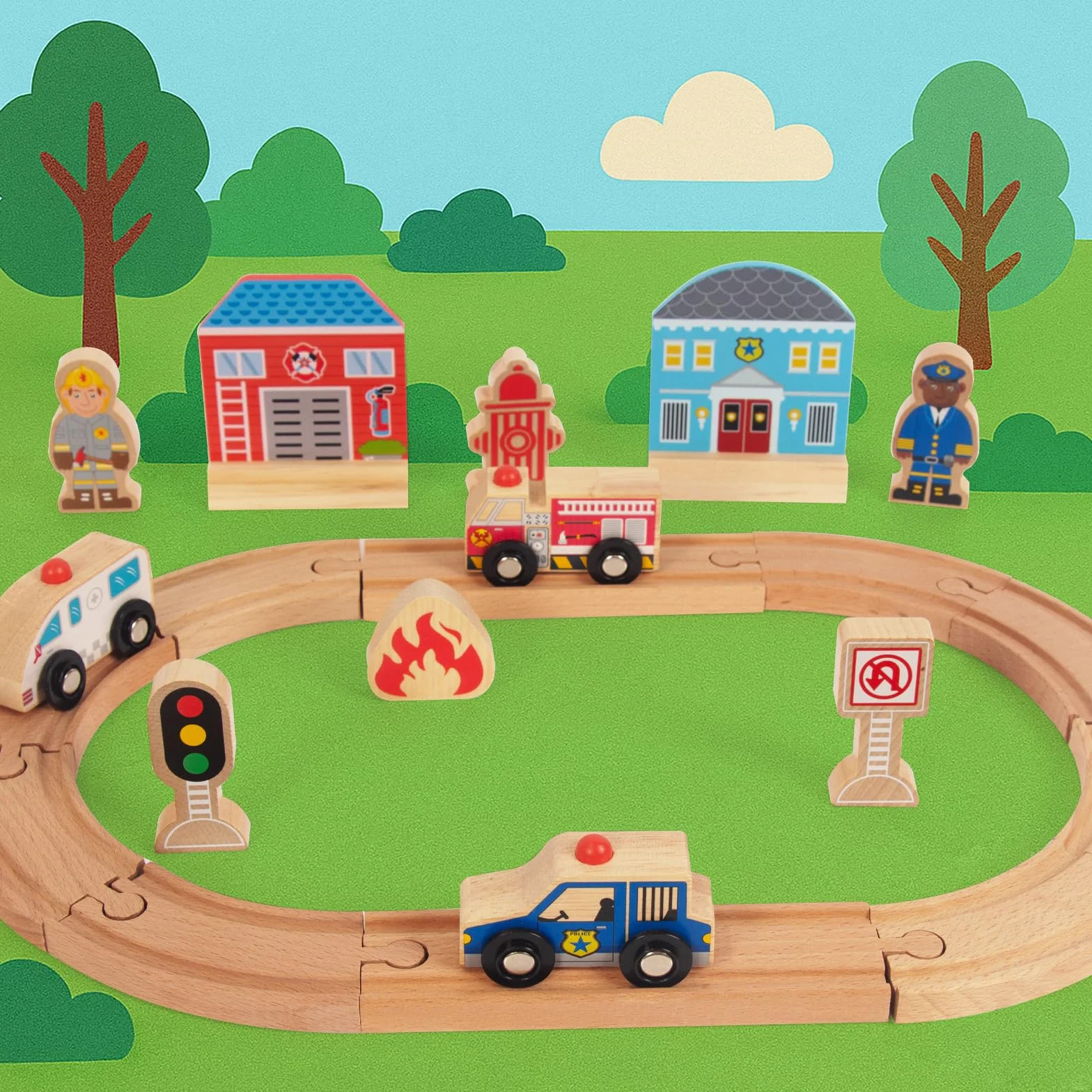 WoodenFun Zestaw drewnianych wózków na szynę, rolnictwo, zdrowie miejskie, zabawka dla dzieci, na 3, 4, 5 lat (policja)