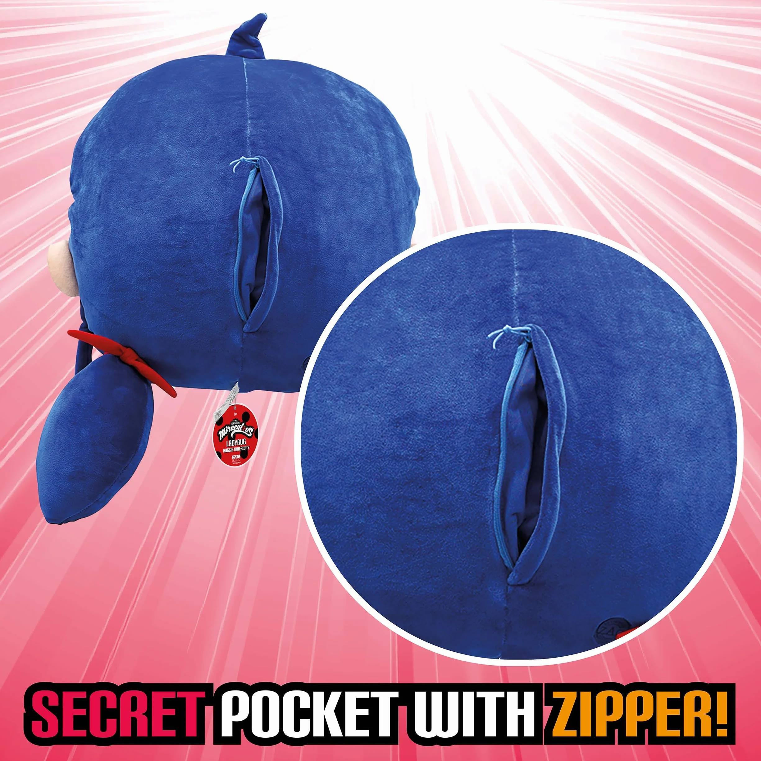 Miraculous Biedronka Huggie Hideaway Biedronka 40 cm czarna pluszowa poduszka super słodka zabawka dla dzieci z dużą tajną kieszenią na zamek błyskawiczny z tyłu (Wyncor)