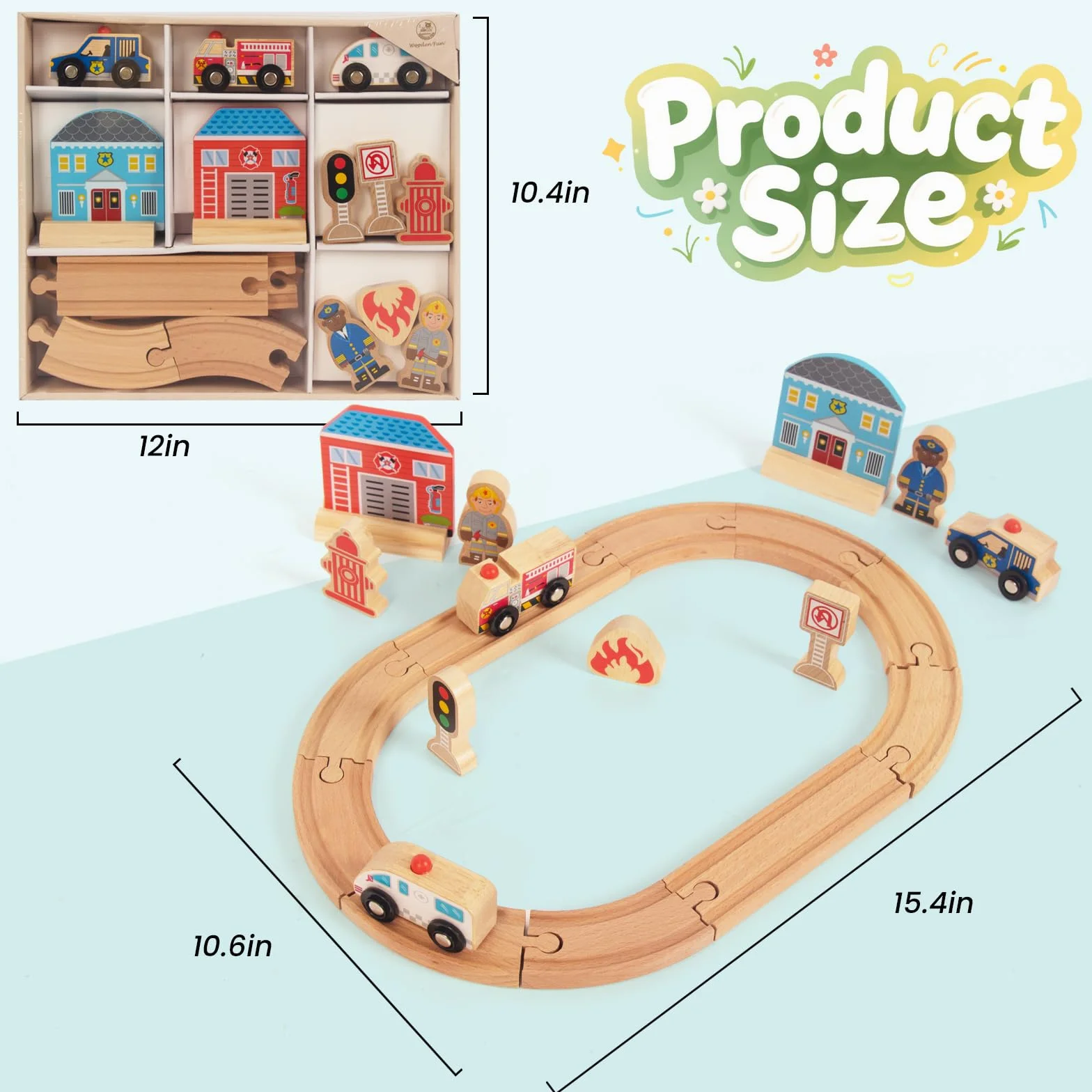 WoodenFun Zestaw drewnianych wózków na szynę, rolnictwo, zdrowie miejskie, zabawka dla dzieci, na 3, 4, 5 lat (policja)