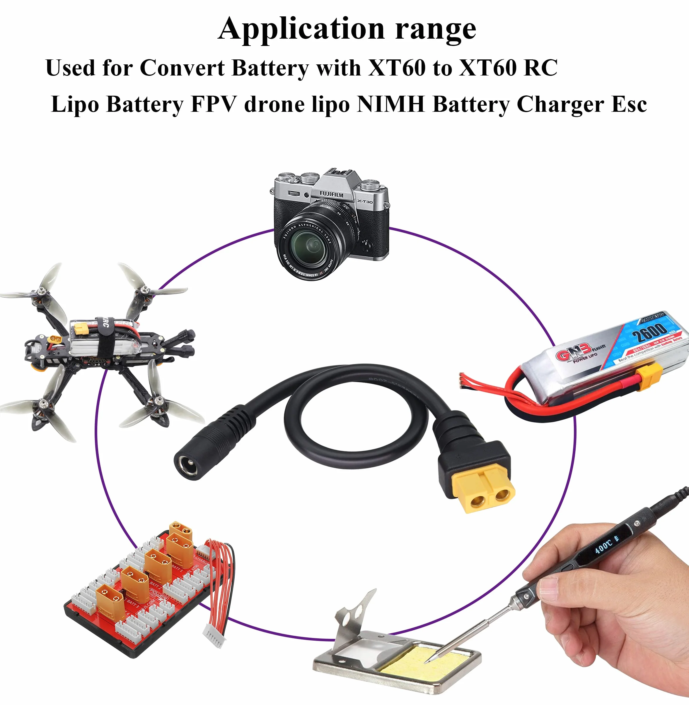 DC5,5 x 2,1 mm na XT60 kabel do ładowania XT60 żeński na DC5,5 x 2,1 mm żeński kabel adaptera do lutownicy TS100, zasilacz do monitora FPV, kabel zasilający dron (DC 2,1 mm-F/30 cm-2 sztuki)