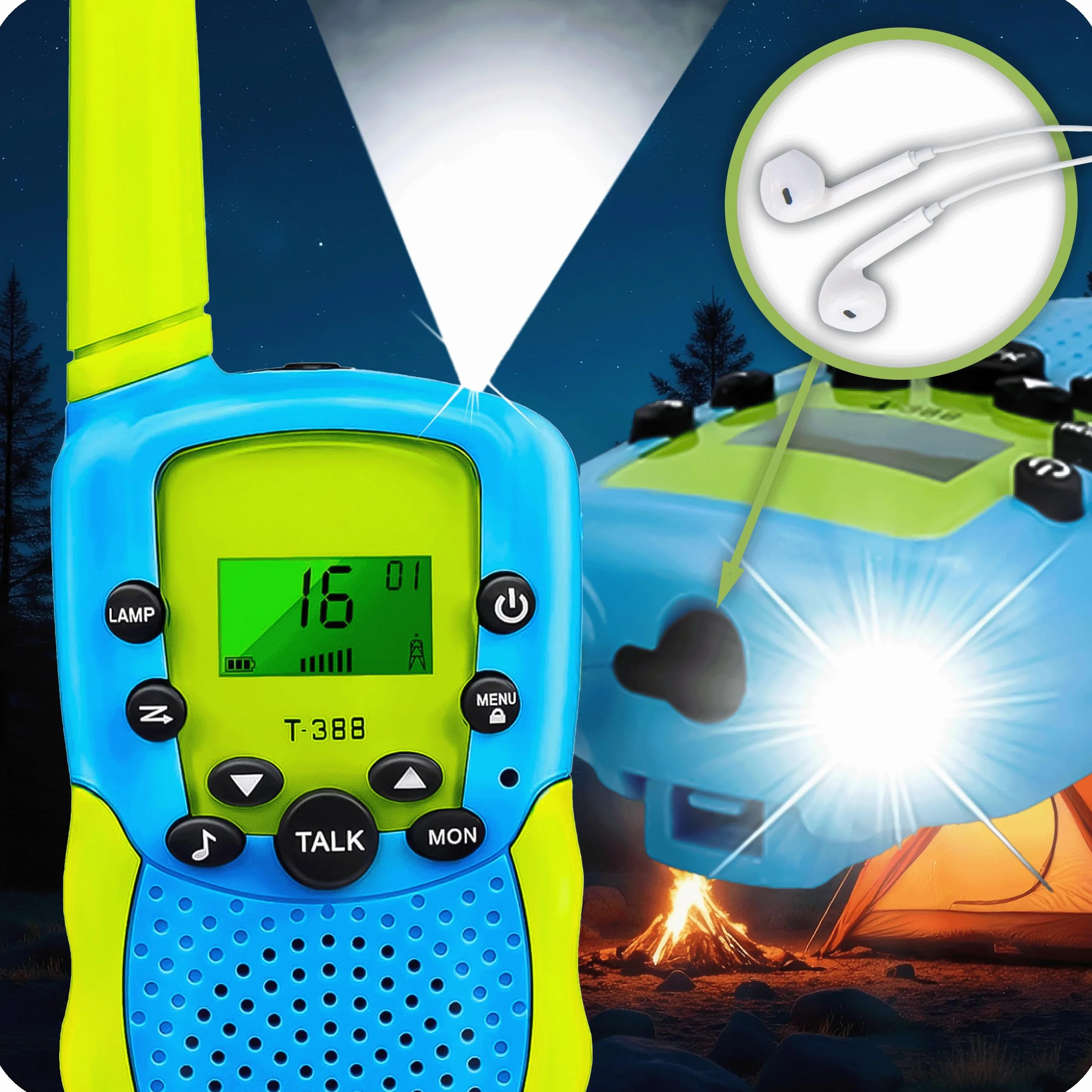 KRUMAD Walkie Talkie dla dzieci, zestaw 2 sztuk, zasięg do 3 km, 22 kanały, podświetlany ekran LCD, latarka LED, lekka i wytrzymała konstrukcja, idealne jako prezent dla chłopców i dziewczynek