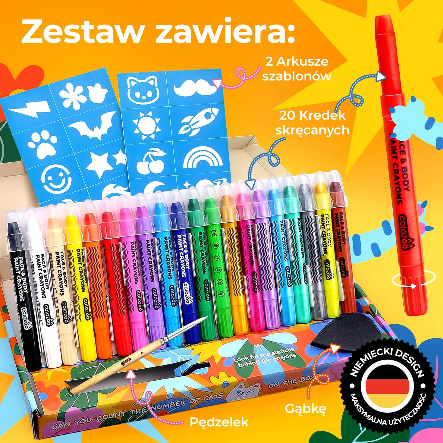 Zestaw kredek do makijażu Colozoo 20 kolorów dla dzieci | Makijaż twarzy z pędzlami i szablonami | Malowanie twarzy, brzuszka, kredki na karnawał, malowanie twarzy
