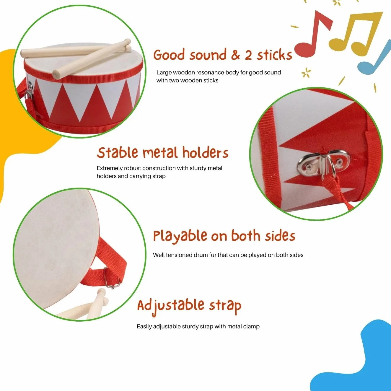 Czerwono-biały bęben dziecięcy - drewniany instrument muzyczny z paskiem na ramię i pałeczkami - D: 20 cm - 3845r