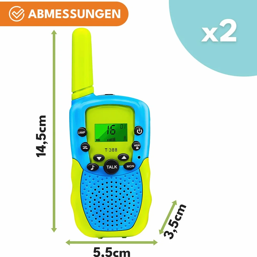KRUMAD Walkie Talkie dla dzieci, zestaw 2 sztuk, zasięg do 3 km, 22 kanały, podświetlany ekran LCD, latarka LED, lekka i wytrzymała konstrukcja, idealne jako prezent dla chłopców i dziewczynek