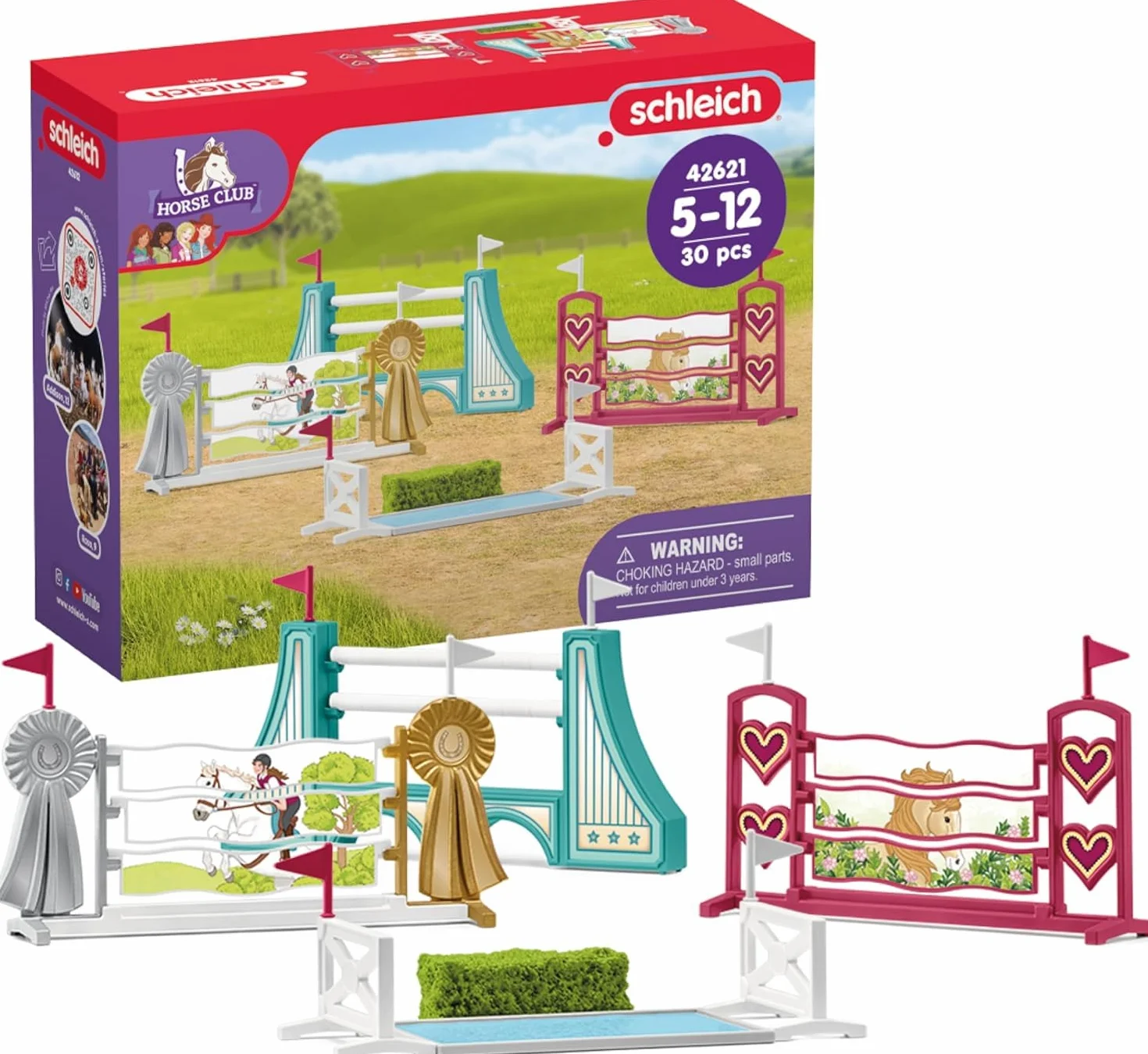 SCHLEICH HORSE CLUB, przeszkody – akcesoria 42612, możliwość modułowej rozbudowy, do zawodów lub treningu, prezent dla dziewczynek i chłopców, zabawka z końmi dla dzieci od 5 lat, zestaw 30 elementów