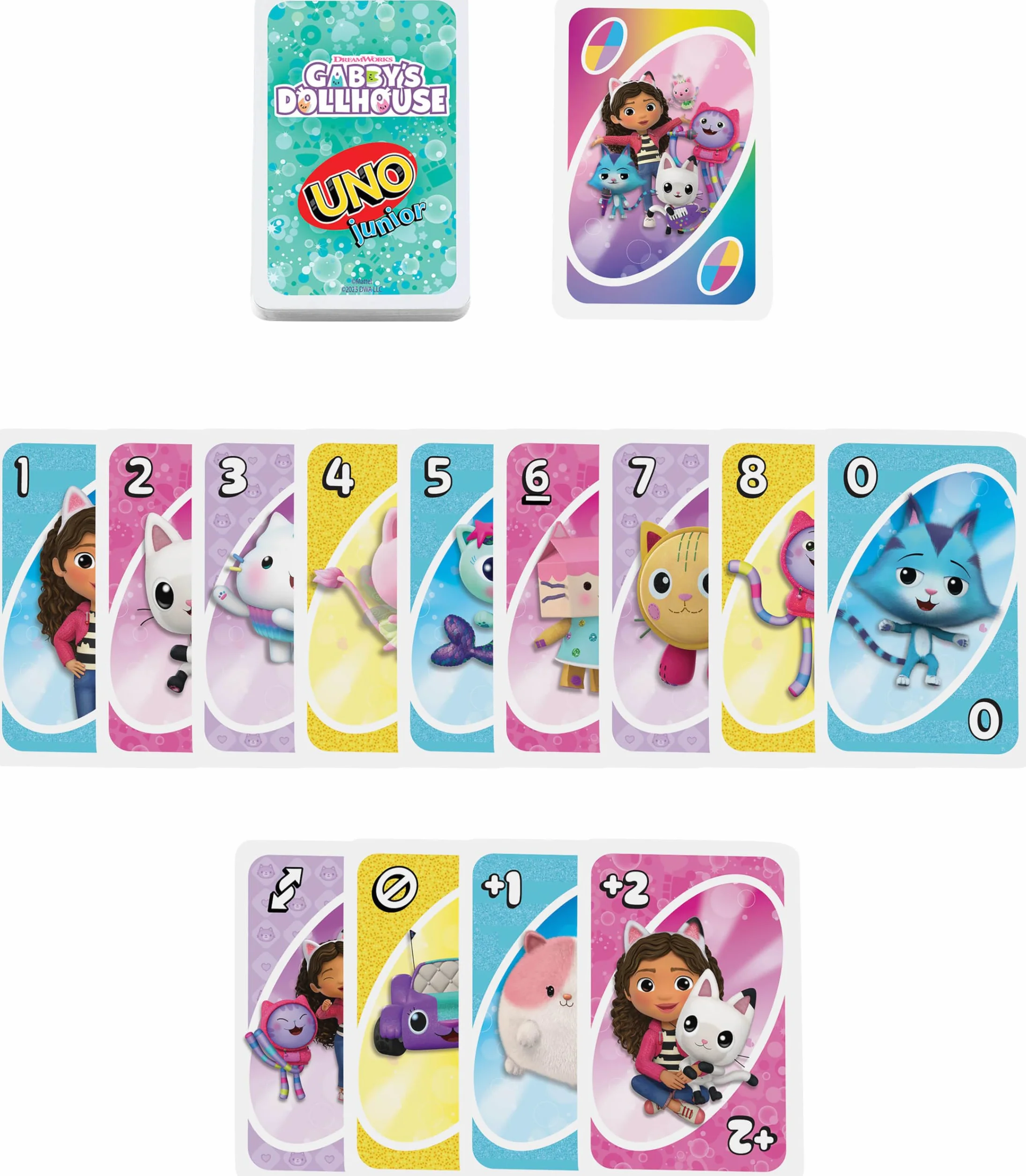 UNO Junior Koci Domek Gabi Gra karciana dla dzieci 3+ na imprezy dziecięce, rodzinne wieczory gier, na wakacjach i w podróży, karty inspirowane serialem, JLH17