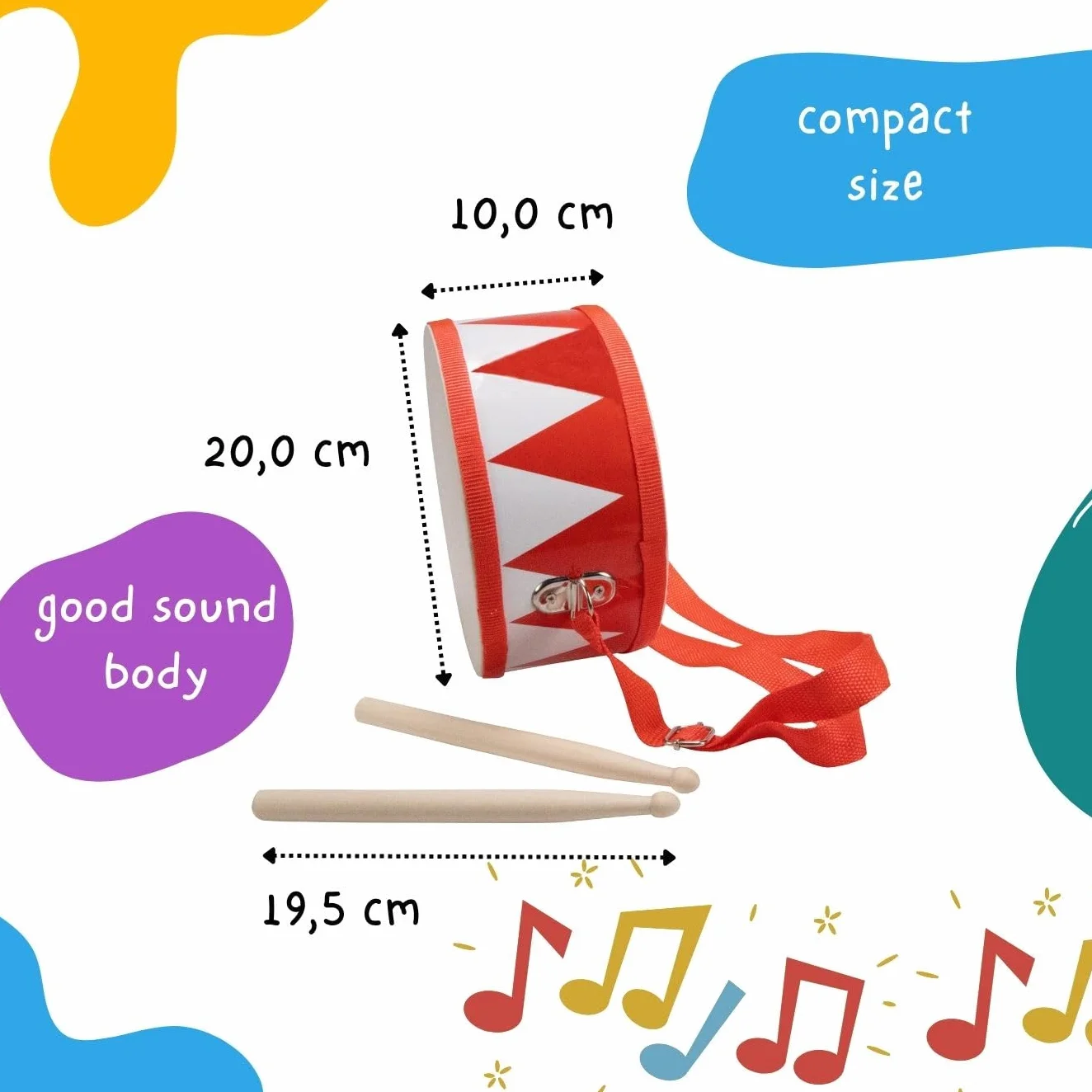 Czerwono-biały bęben dziecięcy - drewniany instrument muzyczny z paskiem na ramię i pałeczkami - D: 20 cm - 3845r