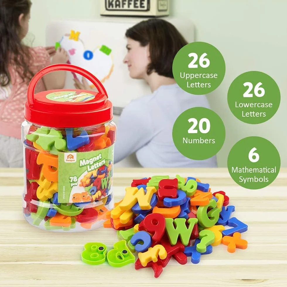 Coogam 78 sztuk Litery Magnetyczne Cyfry Magnesy Na Lodówkę Kolorowy Alfabet ABC 123, Zestaw Zabawek Edukacyjnych Nauka Pisowni Wielkie Małe Litery Matematyka dla 345 Lat Ulepszona Wersja