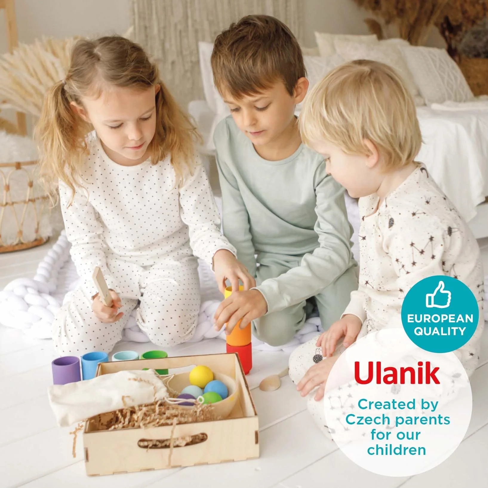 Ulanik Kulki w Kubeczkach 7 Kolorów Tęczy Drewniany Zestaw Montessori od 1 Roku do Sortowania Kolorów