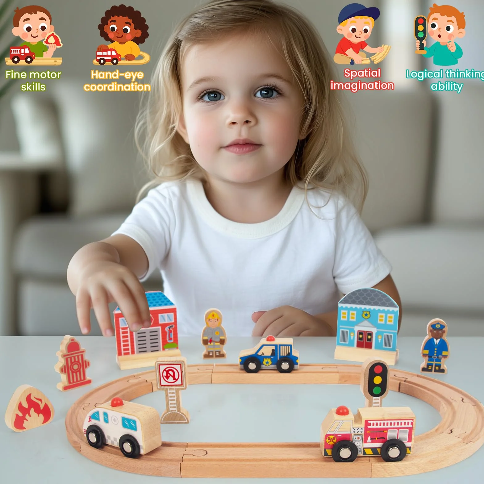 WoodenFun Zestaw drewnianych wózków na szynę, rolnictwo, zdrowie miejskie, zabawka dla dzieci, na 3, 4, 5 lat (policja)