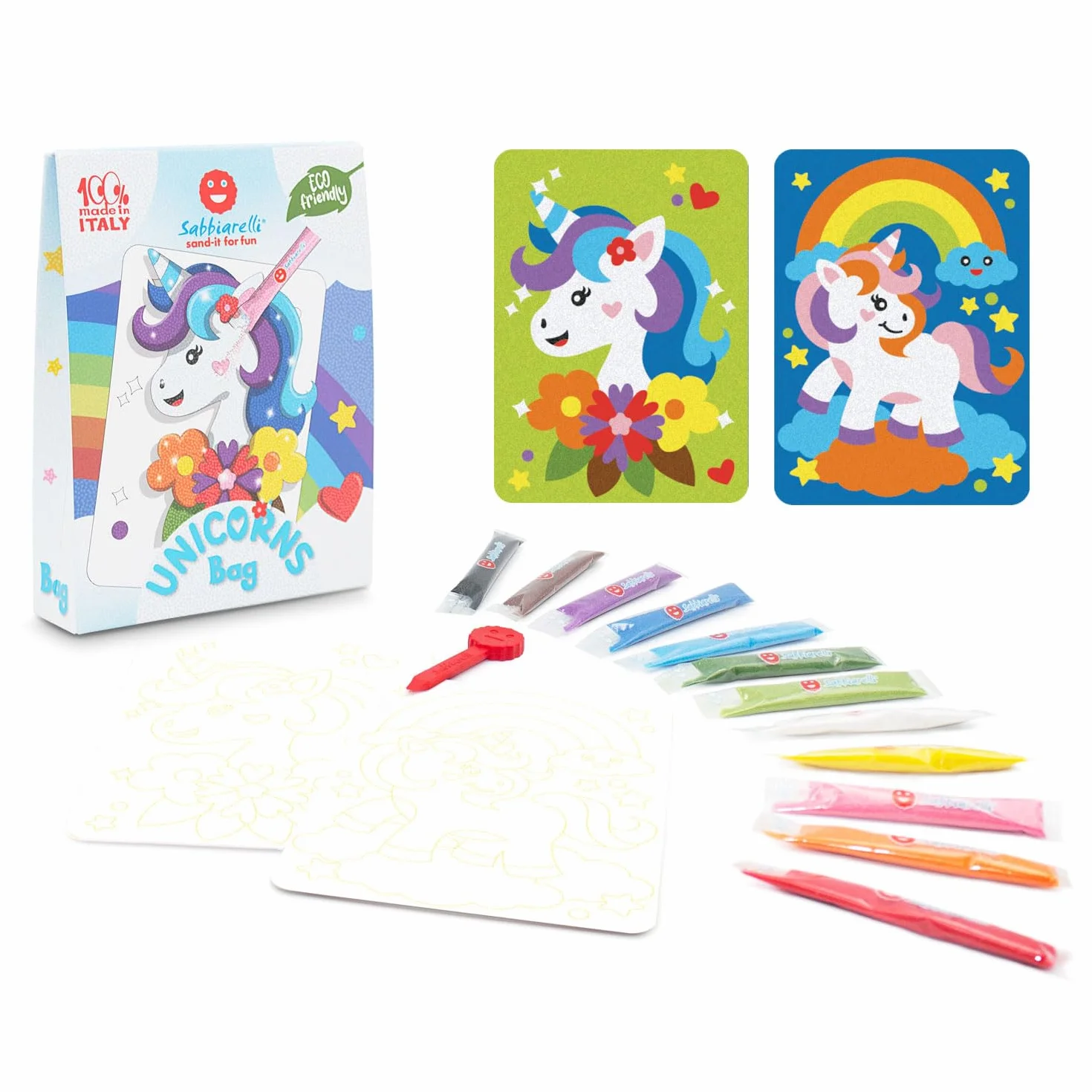 Sabbiarelli Sand-it For Fun – Bag Unicorns | Mini Kit Sand Art z Jednorożcami 100% Made in Italy z Kolorowym Piaskiem i Rysunkami Samoprzylepnymi | Prace Kreatywne dla Dzieci 5-12