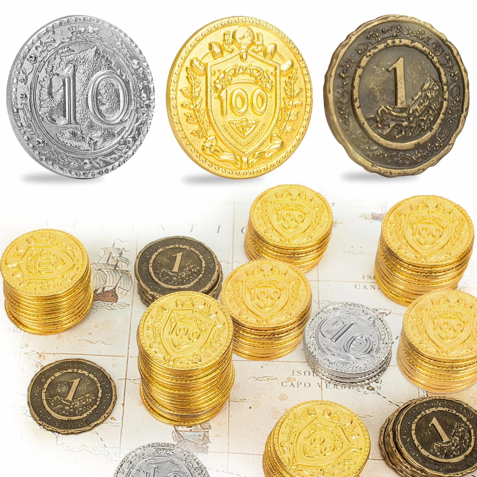 Byhoo 50 metalowych monet DND, 3 cm złote srebrne miedziane żetony o nominale do gier planszowych i RPG stołowych, fantastyczne metalowe monety na piracką grę, imprezę, cosplay, 50 szt
