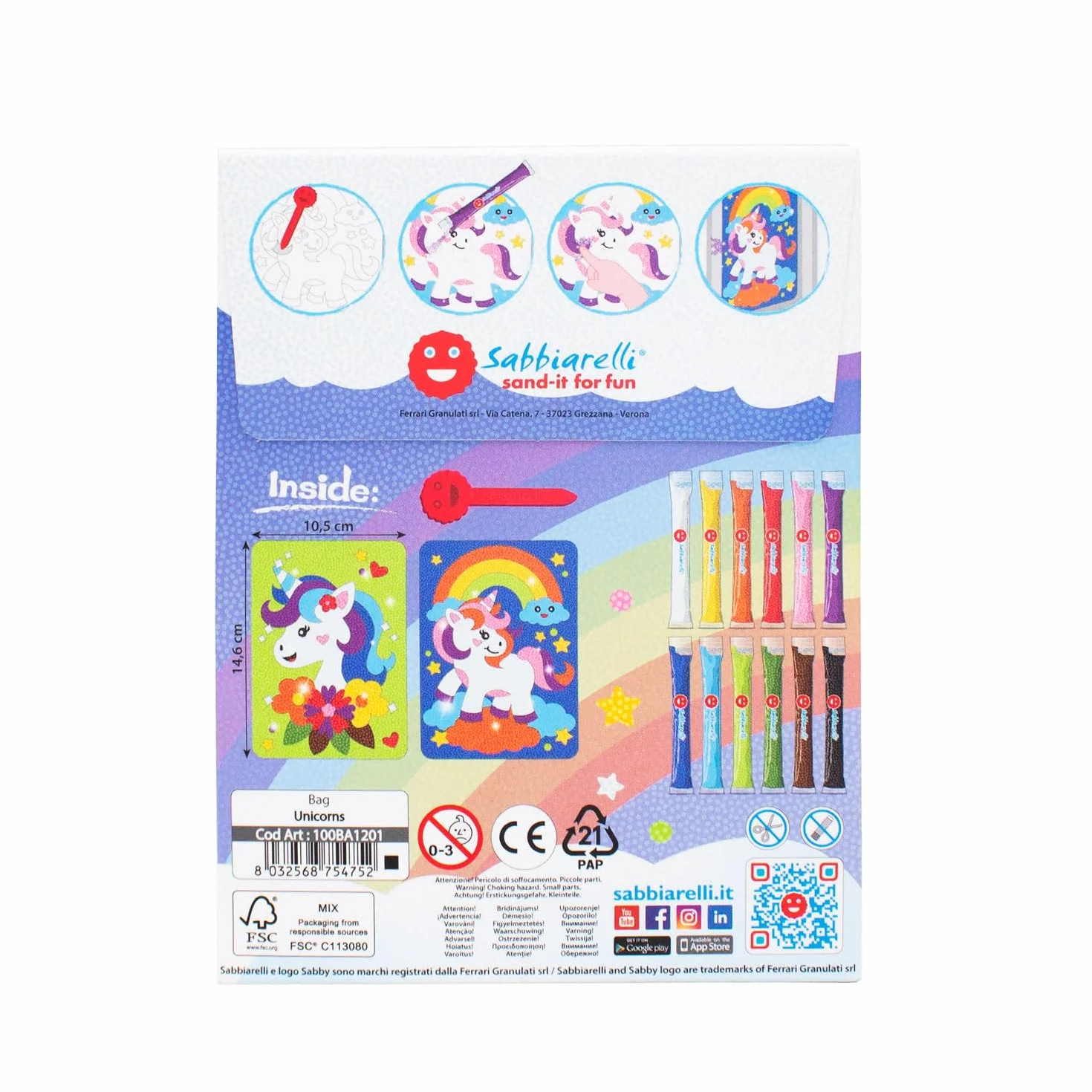Sabbiarelli Sand-it For Fun – Bag Unicorns | Mini Kit Sand Art z Jednorożcami 100% Made in Italy z Kolorowym Piaskiem i Rysunkami Samoprzylepnymi | Prace Kreatywne dla Dzieci 5-12