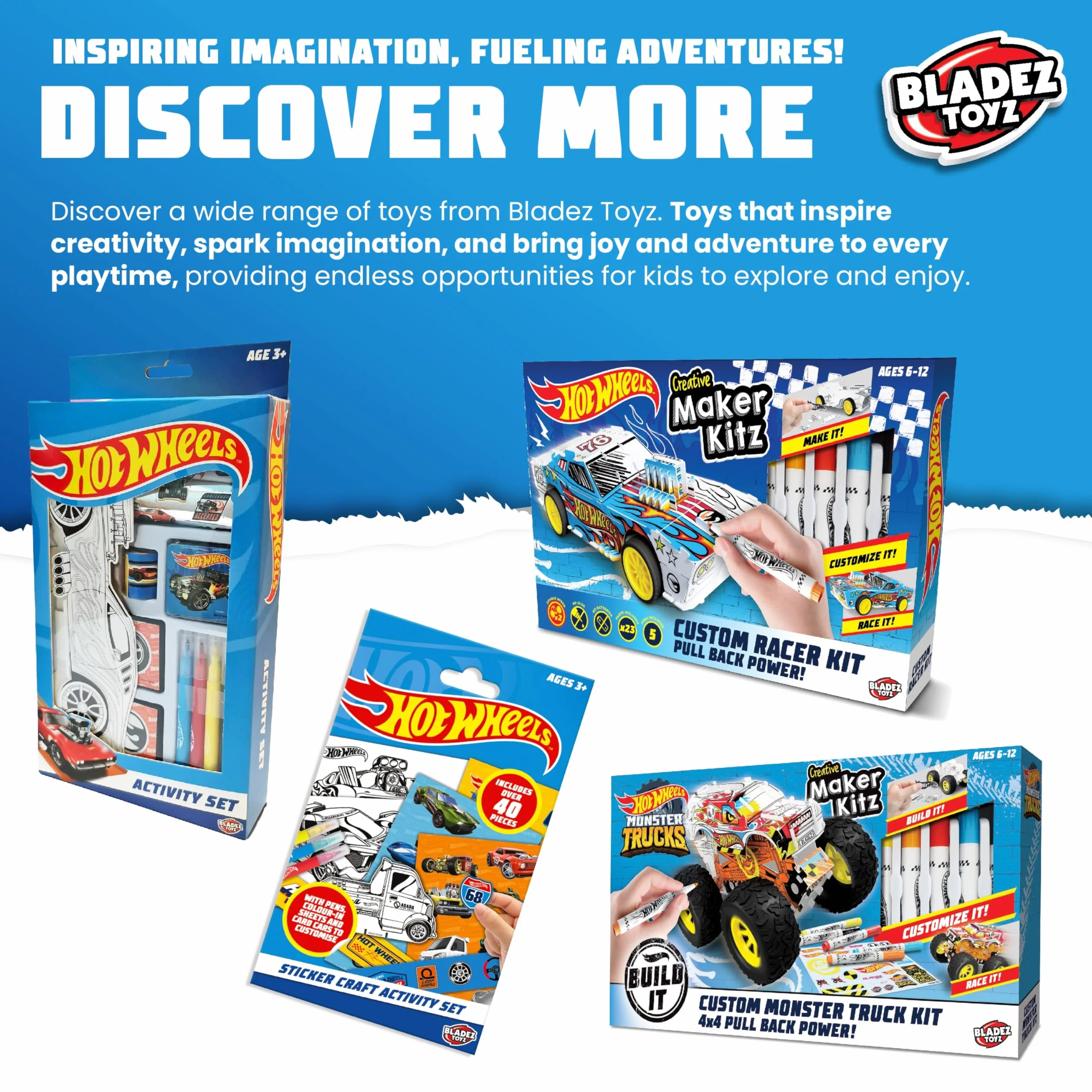 BLADEZ Hot Wheels zestaw aktywności, sztuka i rzemiosło, licencjonowany zestaw stacjonarny z długopisami i naklejkami, 150+ sztuk, kreatywny producent Kitz Toyz