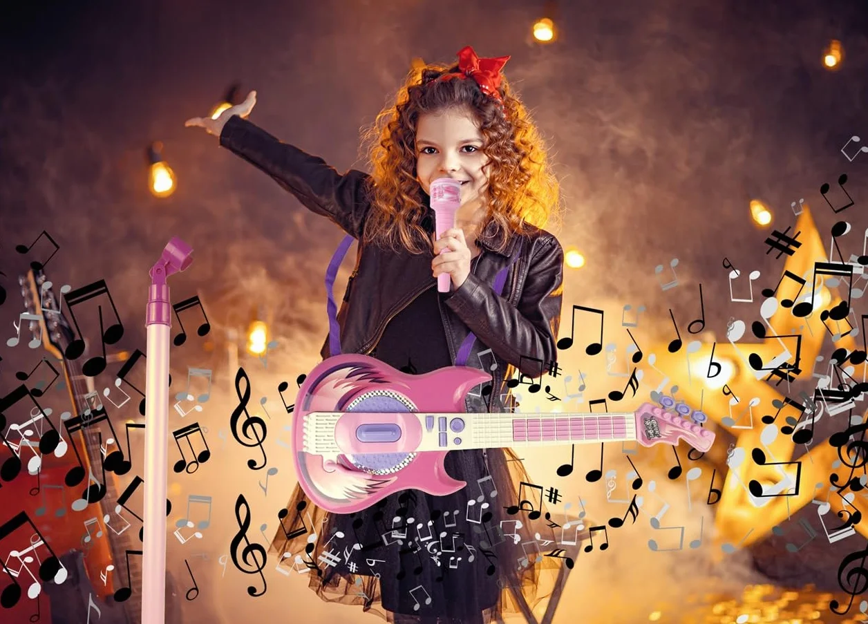 Malplay Zestaw gitarowy | elektryczna gitara rockowa + mikrofon na statyw | zabawka muzyczna | dzieci od 3 lat | muzycy, śpiewacy | stojak mikrofonowy z regulacją wysokości