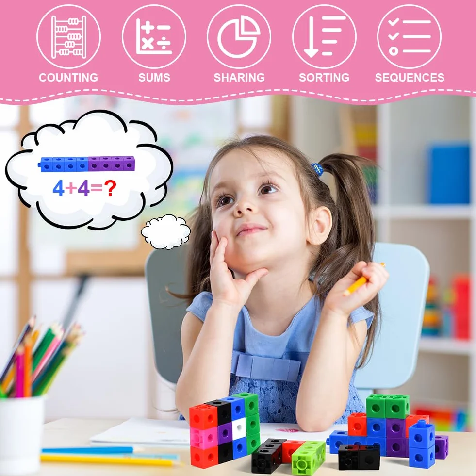 HOTUT Klocki Matematyczne 100 sztuk 2 cm Kostki do Liczenia 10 Kolorów z Torbą Edukacyjne Zabawki Sensoryczne