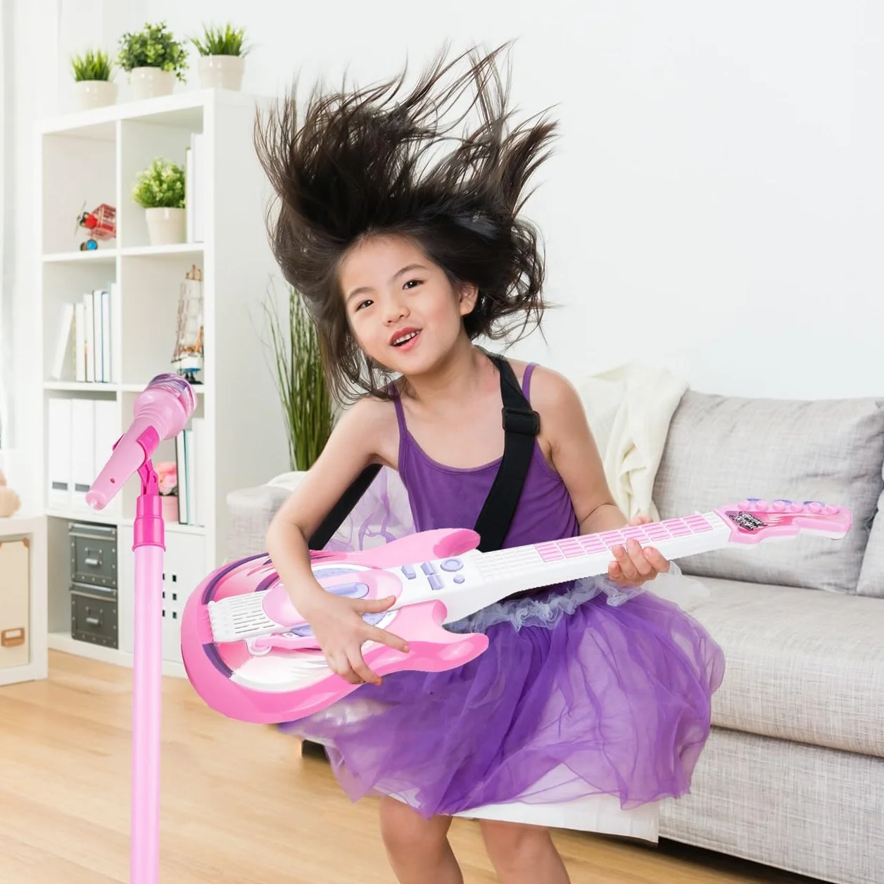 Malplay Zestaw gitarowy | elektryczna gitara rockowa + mikrofon na statyw | zabawka muzyczna | dzieci od 3 lat | muzycy, śpiewacy | stojak mikrofonowy z regulacją wysokości