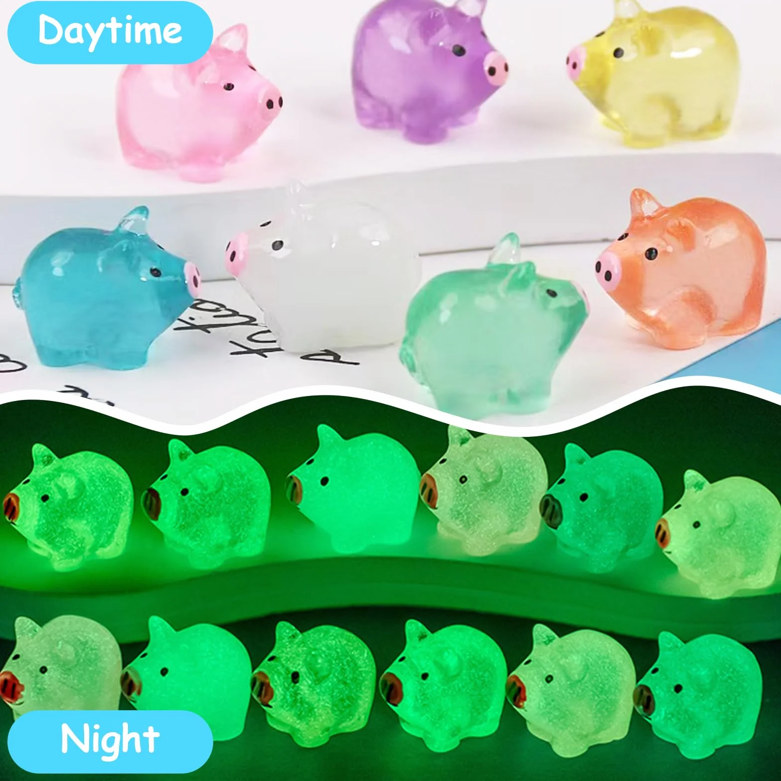 60 sztuk małych mini świnek z żywicy, mini świecące świnki, śliczne miniaturowe figurki świnki, małe świecące w ciemności miniaturowe figurki świnki do miniaturowego krajobrazu, dekoracja