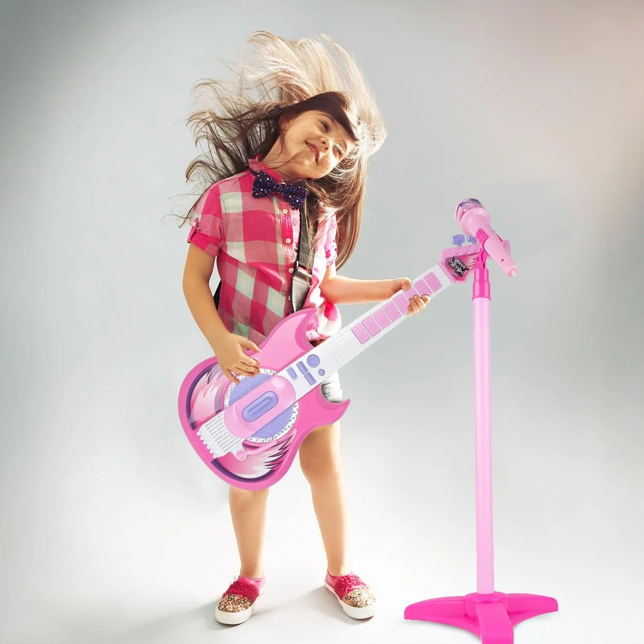 Malplay Zestaw gitarowy | elektryczna gitara rockowa + mikrofon na statyw | zabawka muzyczna | dzieci od 3 lat | muzycy, śpiewacy | stojak mikrofonowy z regulacją wysokości