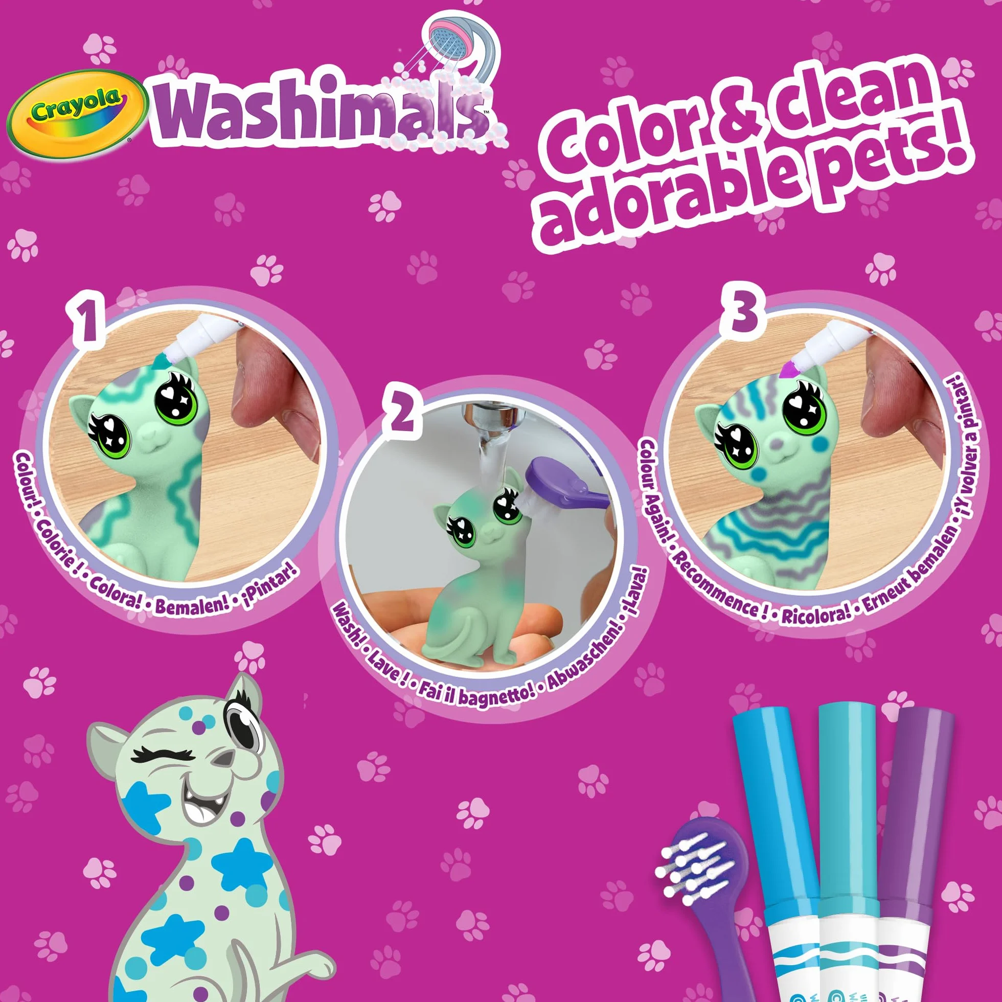 CRAYOLA Washimals Pastel Pets zestaw do napełniania z 3 szczeniakami, 3 zmywalne markery i szczoteczka, zabawka i prezent dla dzieci, od 3 lat, 74-7511