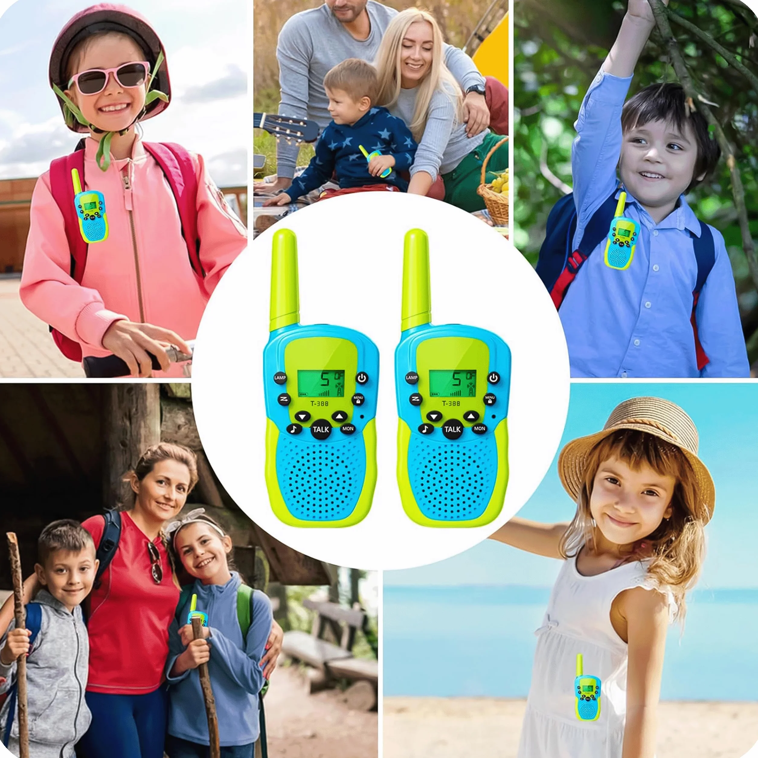 KRUMAD Walkie Talkie dla dzieci, zestaw 2 sztuk, zasięg do 3 km, 22 kanały, podświetlany ekran LCD, latarka LED, lekka i wytrzymała konstrukcja, idealne jako prezent dla chłopców i dziewczynek