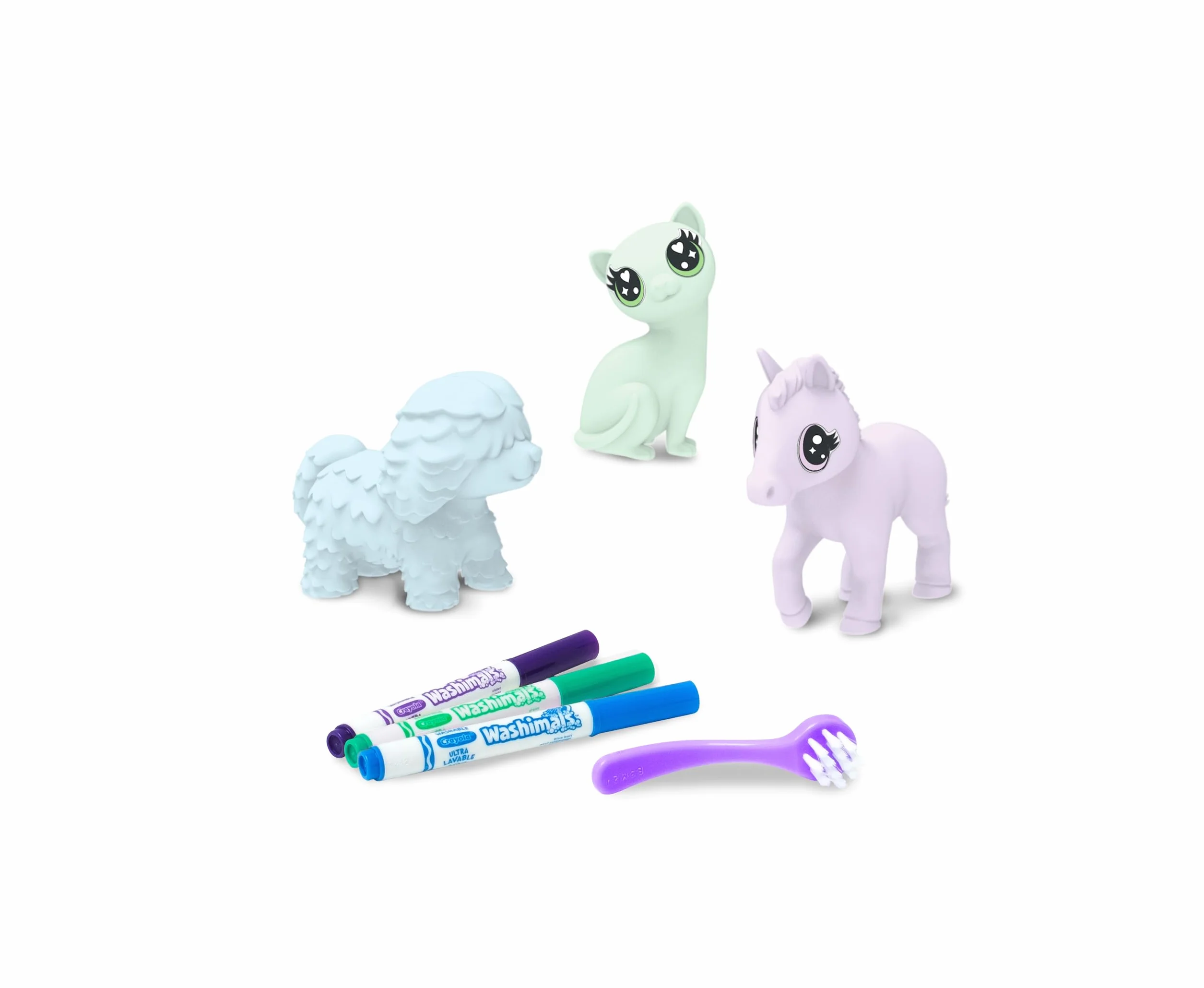 CRAYOLA Washimals Pastel Pets zestaw do napełniania z 3 szczeniakami, 3 zmywalne markery i szczoteczka, zabawka i prezent dla dzieci, od 3 lat, 74-7511