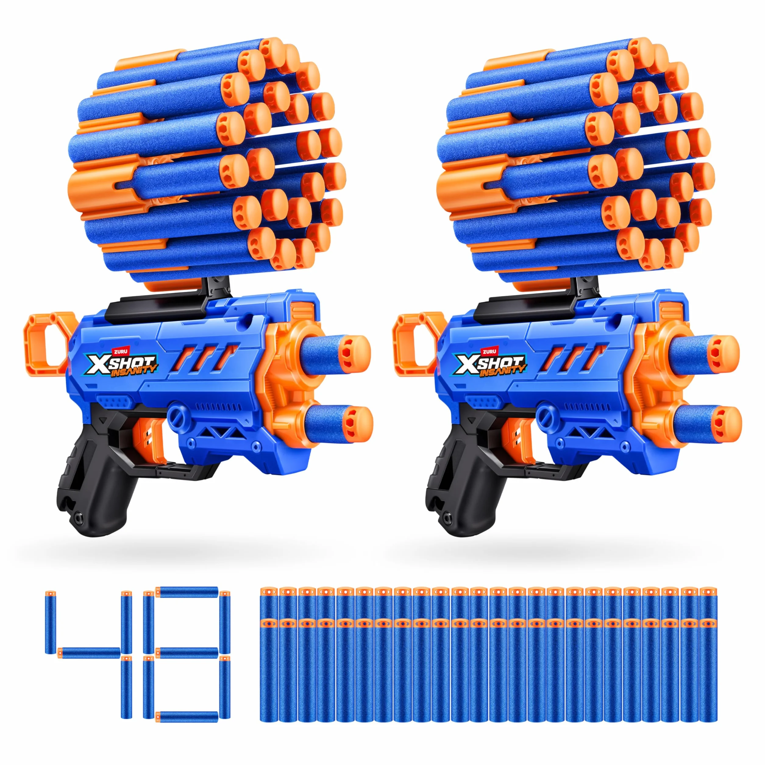 XSHOT Insanity Micro Blaster firmy ZURU z 48 piankowymi rzutkami i kieszonką na rzutki, zabawka outdoorowa dla dzieci, chłopców i dziewcząt w wieku od 8 lat