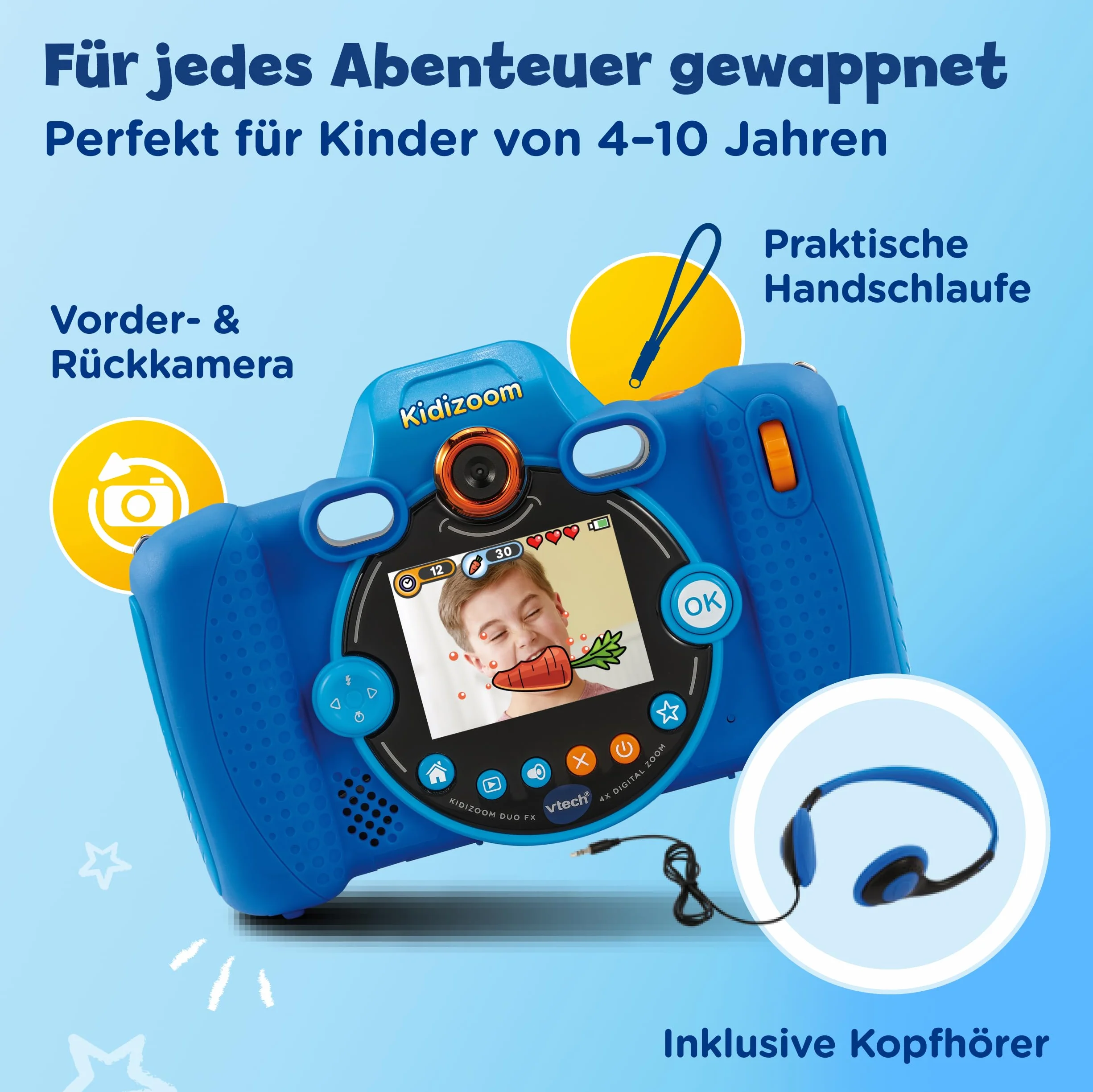VTech KidiZoom Duo FX w kolorze niebieskim – wytrzymały aparat cyfrowy z kreatywnymi aplikacjami i funkcjami gry – dla dzieci w wieku 4-10 lat