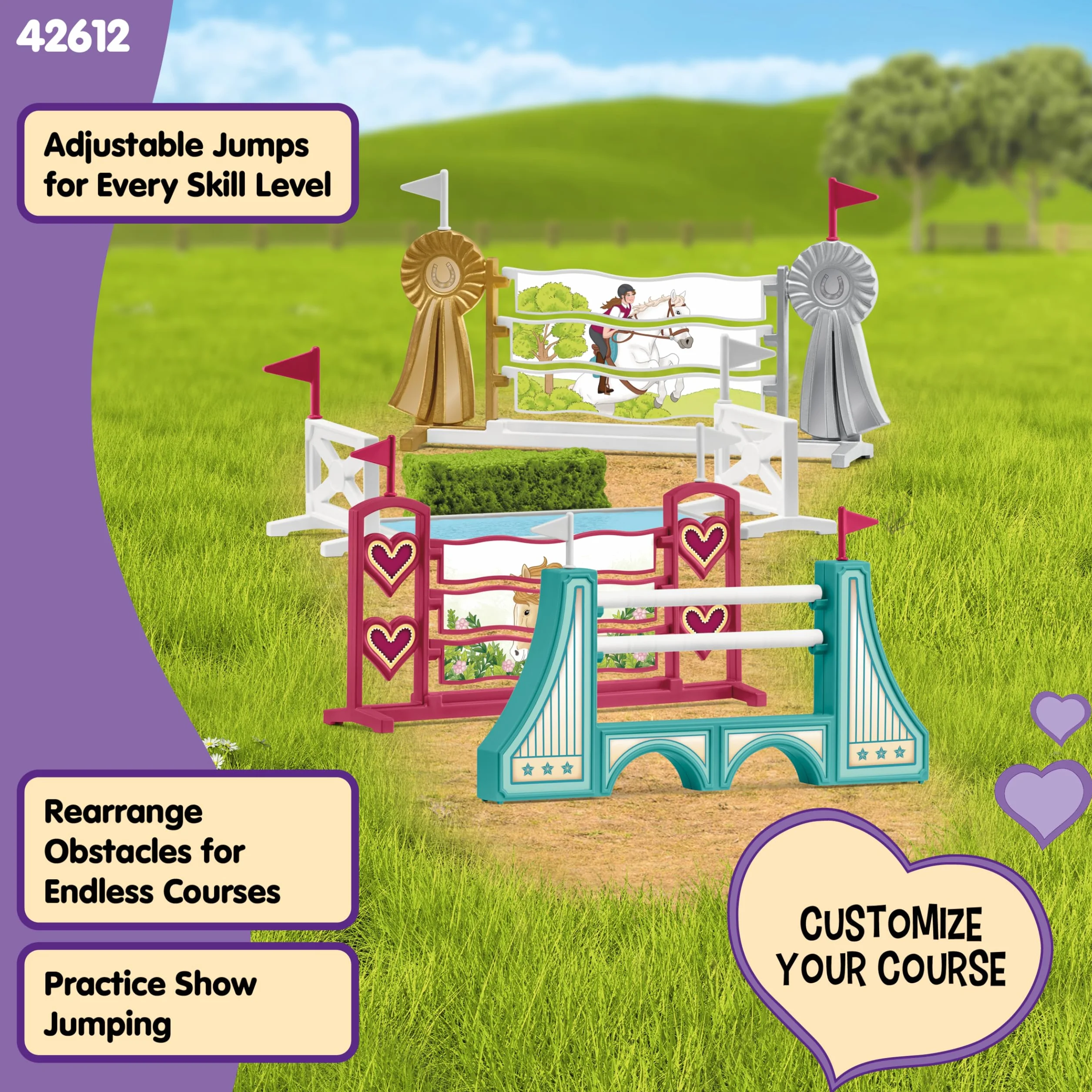 SCHLEICH HORSE CLUB, przeszkody – akcesoria 42612, możliwość modułowej rozbudowy, do zawodów lub treningu, prezent dla dziewczynek i chłopców, zabawka z końmi dla dzieci od 5 lat, zestaw 30 elementów