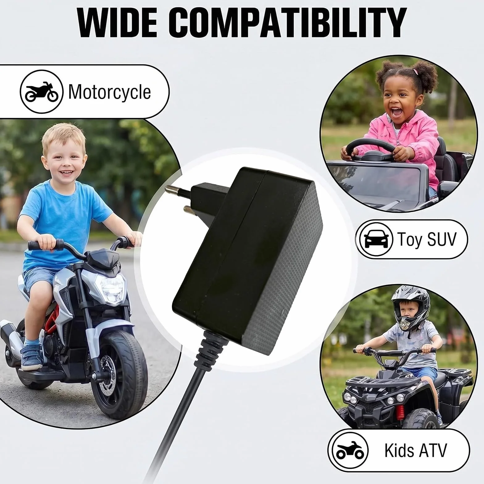 Uniwersalna ładowarka 12 V 1A do samochodów elektrycznych dla dzieci, kompatybilna z motocyklem, SUV-ami i ATVs - Ładowarka baterii ze wskaźnikiem LED, wejście 100-240 VAC, do zabawek elektrycznych