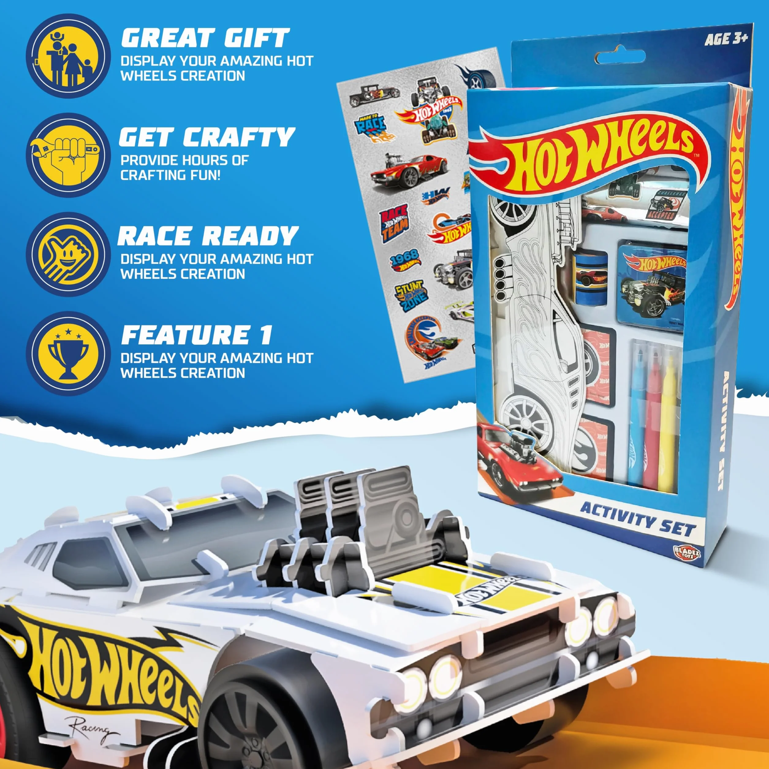 BLADEZ Hot Wheels zestaw aktywności, sztuka i rzemiosło, licencjonowany zestaw stacjonarny z długopisami i naklejkami, 150+ sztuk, kreatywny producent Kitz Toyz