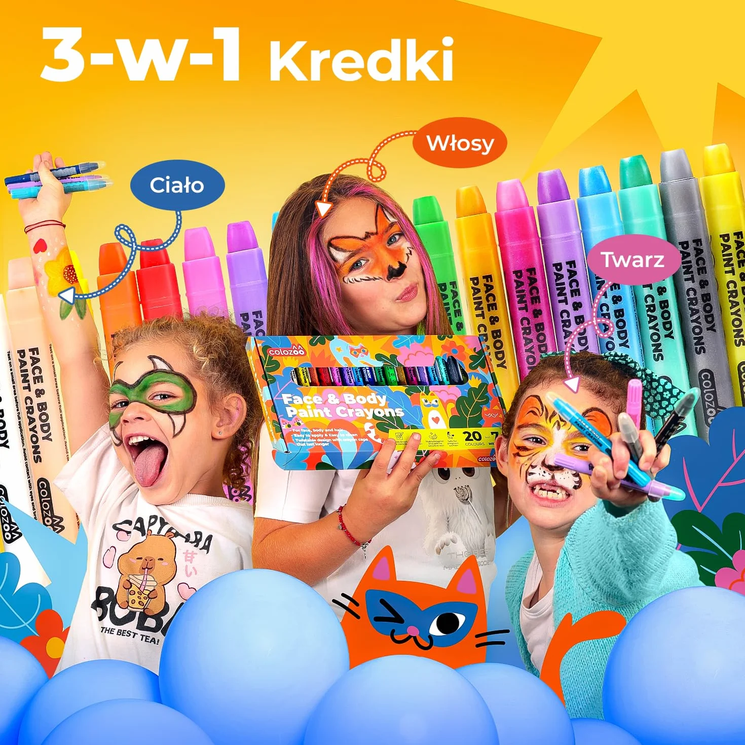 Zestaw kredek do makijażu Colozoo 20 kolorów dla dzieci | Makijaż twarzy z pędzlami i szablonami | Malowanie twarzy, brzuszka, kredki na karnawał, malowanie twarzy
