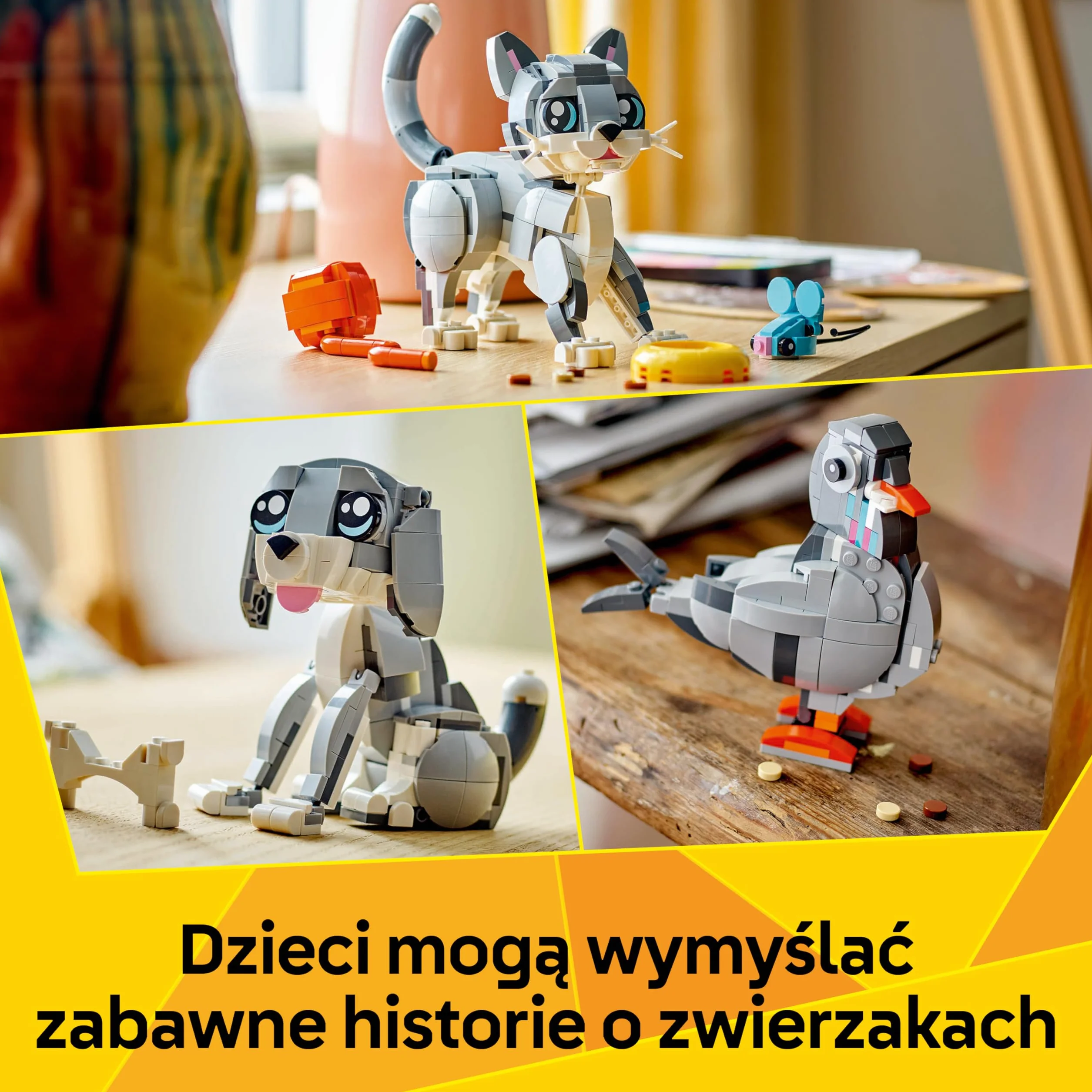 LEGO Creator 3 w 1 Psotny kot, Zabawka Konstrukcyjna dla Dziecka do Przebudowania na Figurki Zwierząt Psa lub Ptaka Gołębia, Pomysł na Kreatywny Prezent dla 8-latki, dla Dziewczynki i Chłopca 31163