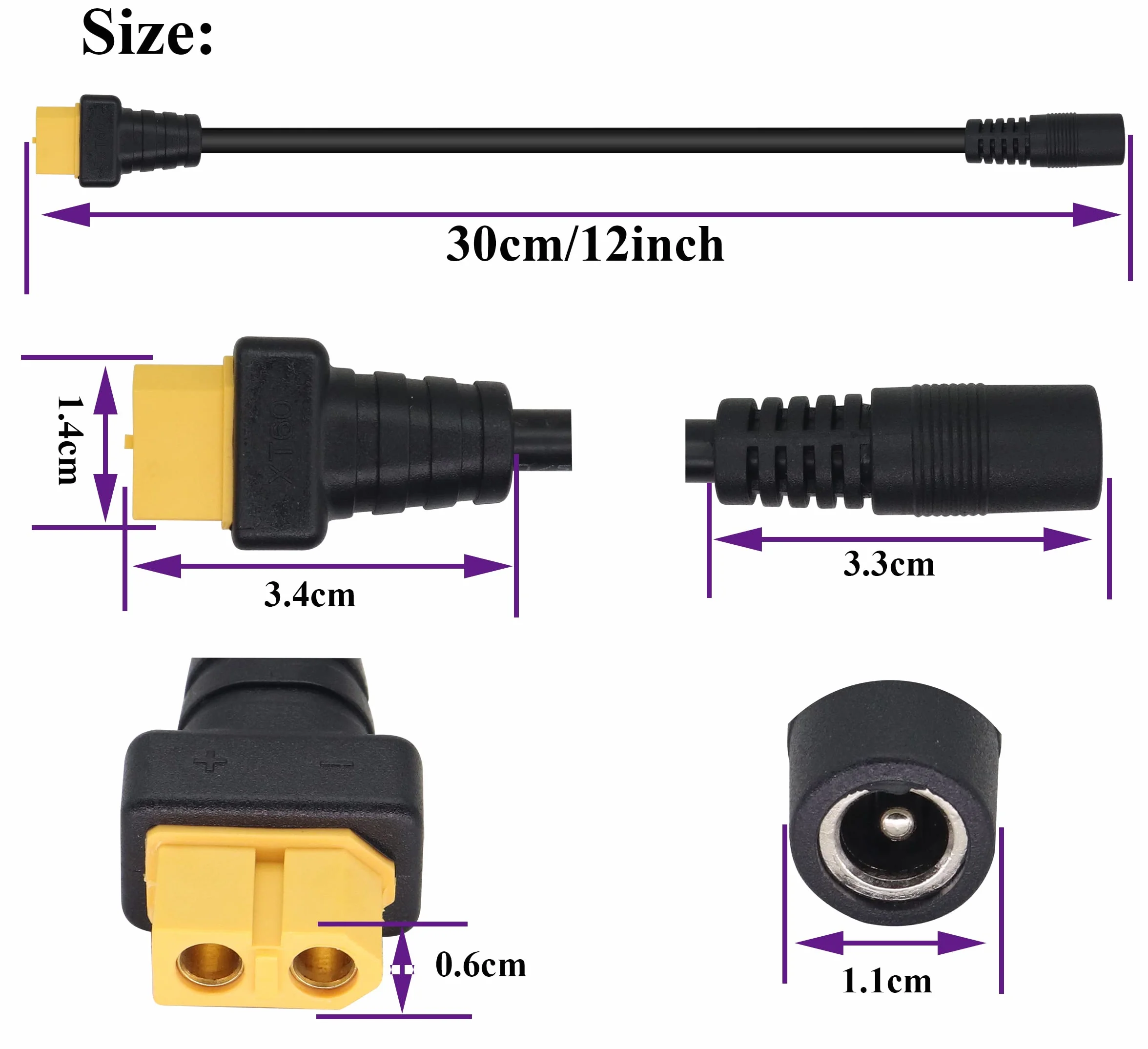 DC5,5 x 2,1 mm na XT60 kabel do ładowania XT60 żeński na DC5,5 x 2,1 mm żeński kabel adaptera do lutownicy TS100, zasilacz do monitora FPV, kabel zasilający dron (DC 2,1 mm-F/30 cm-2 sztuki)