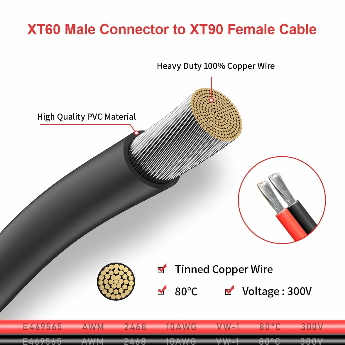 ELFCULB XT60 do XT90 kabel adaptera 10AWG XT60 męski na XT90 żeński kabel złącza do akumulatora RC Lipo dron (2FT)