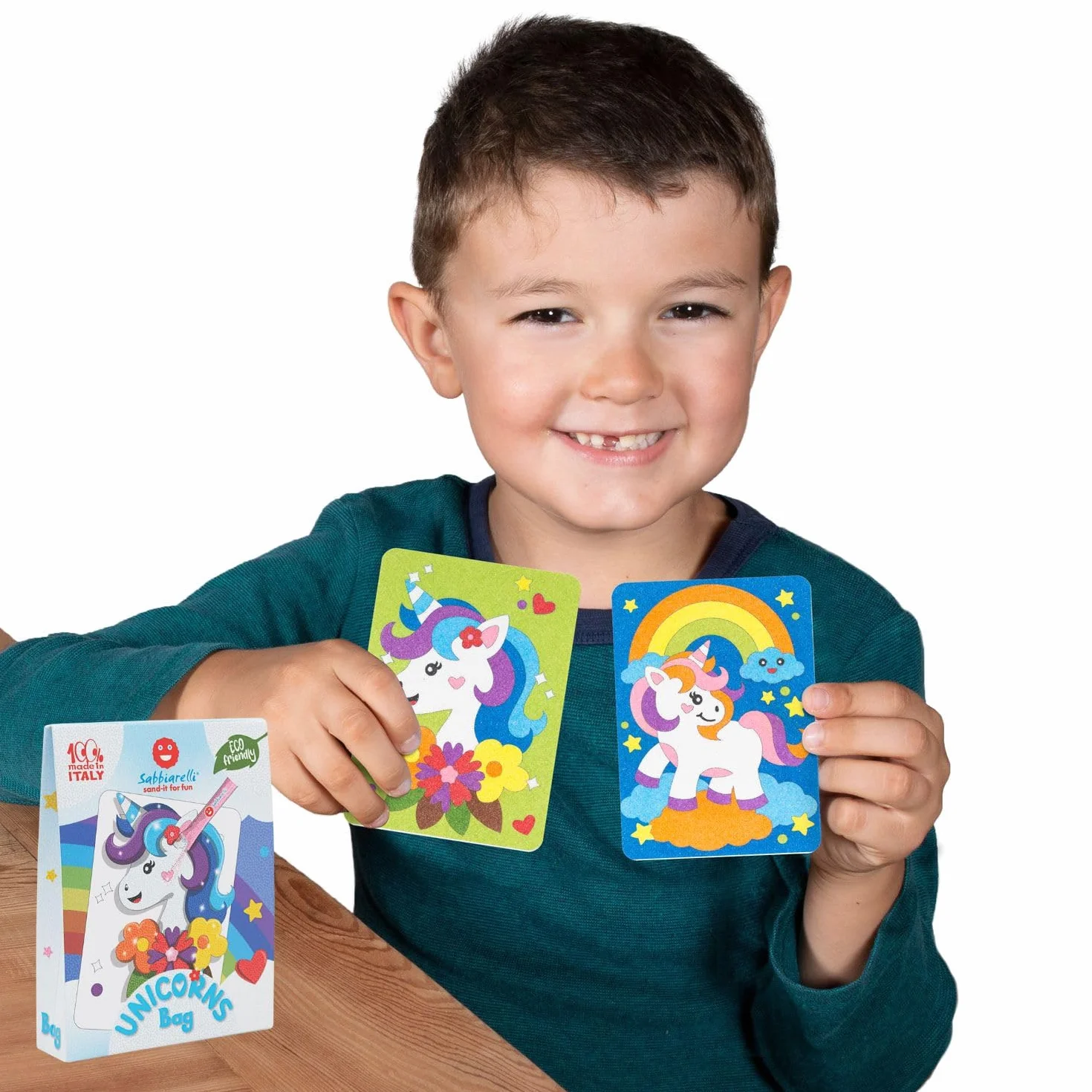 Sabbiarelli Sand-it For Fun – Bag Unicorns | Mini Kit Sand Art z Jednorożcami 100% Made in Italy z Kolorowym Piaskiem i Rysunkami Samoprzylepnymi | Prace Kreatywne dla Dzieci 5-12