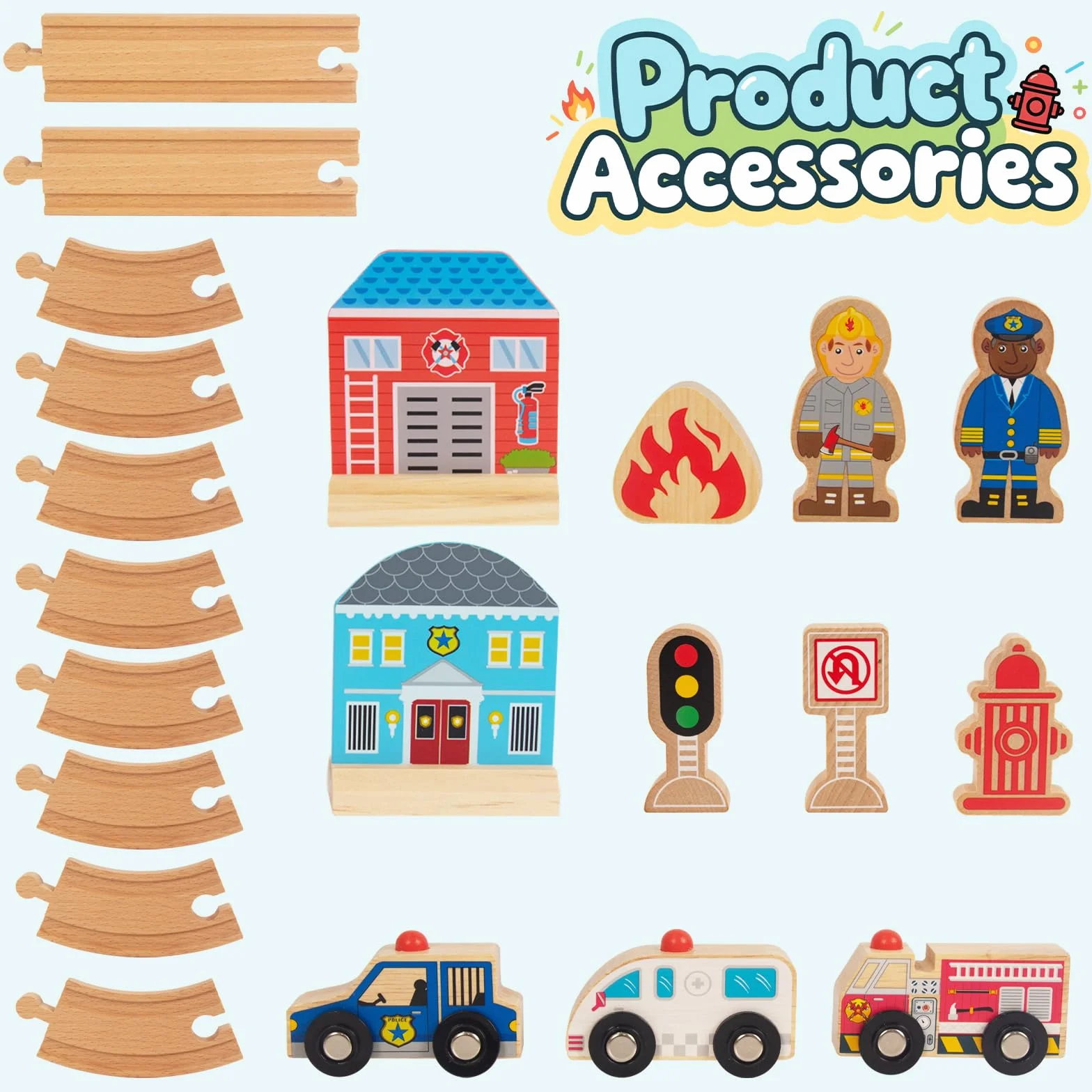 WoodenFun Zestaw drewnianych wózków na szynę, rolnictwo, zdrowie miejskie, zabawka dla dzieci, na 3, 4, 5 lat (policja)
