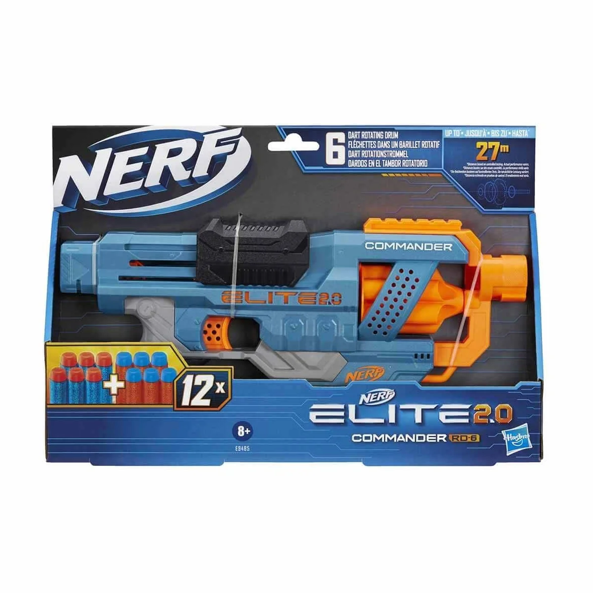 Wyrzutnia Nerf Elite 2.0 Commander RD-6, 12 oryginalnych strzałek Nerf, 6-strzałkowy magazynek obrotowy, szyny na akcesoria, miejsca mocowania lufy i kolby.
