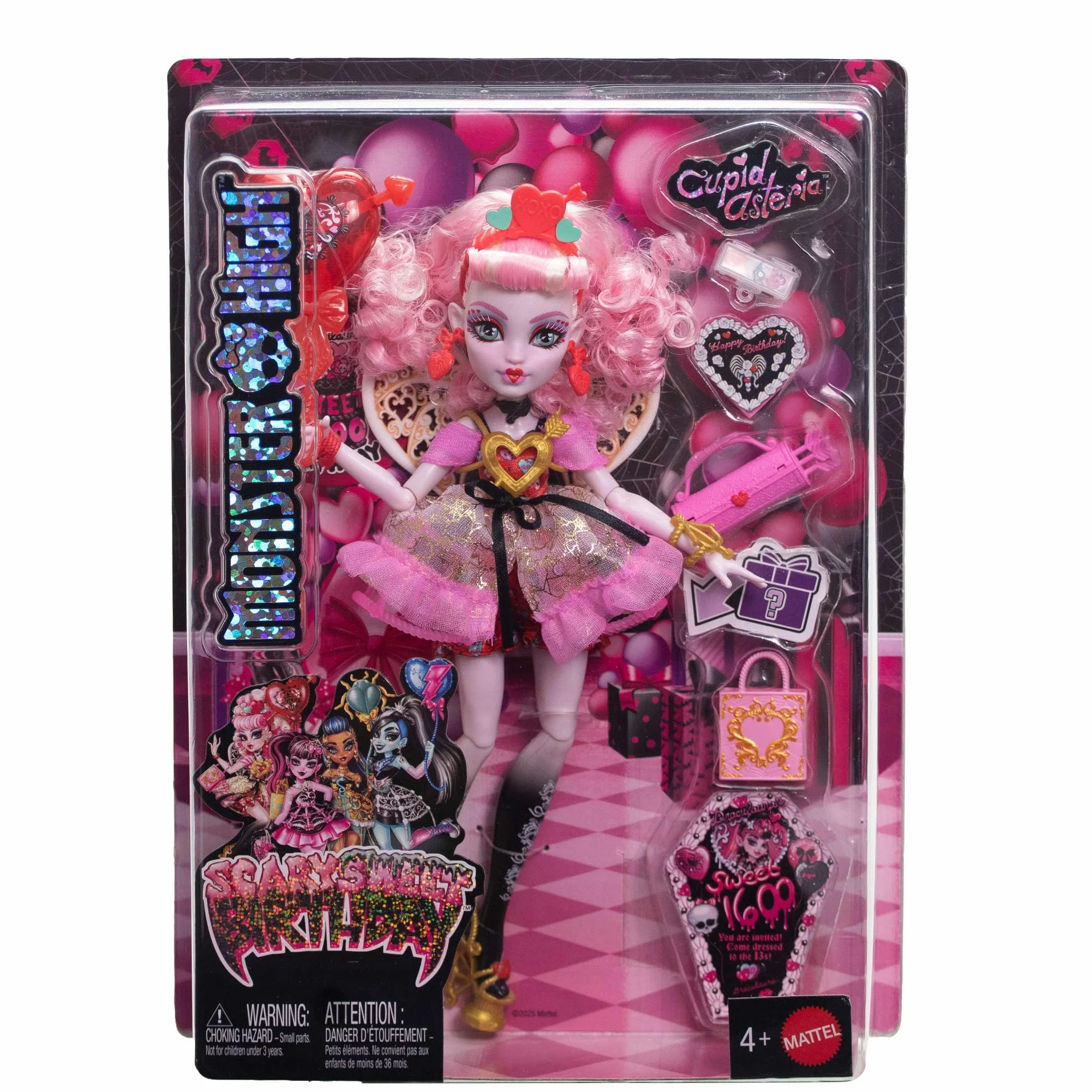 Monster High Straszysłodkie urodziny Cupid Asteria Lalka zabawka w różowo-czerwonej stylizacji z akcesoriami tematycznymi, w tym zaproszenie, „balon”, prezent i „cienie do powiek”, JBG77