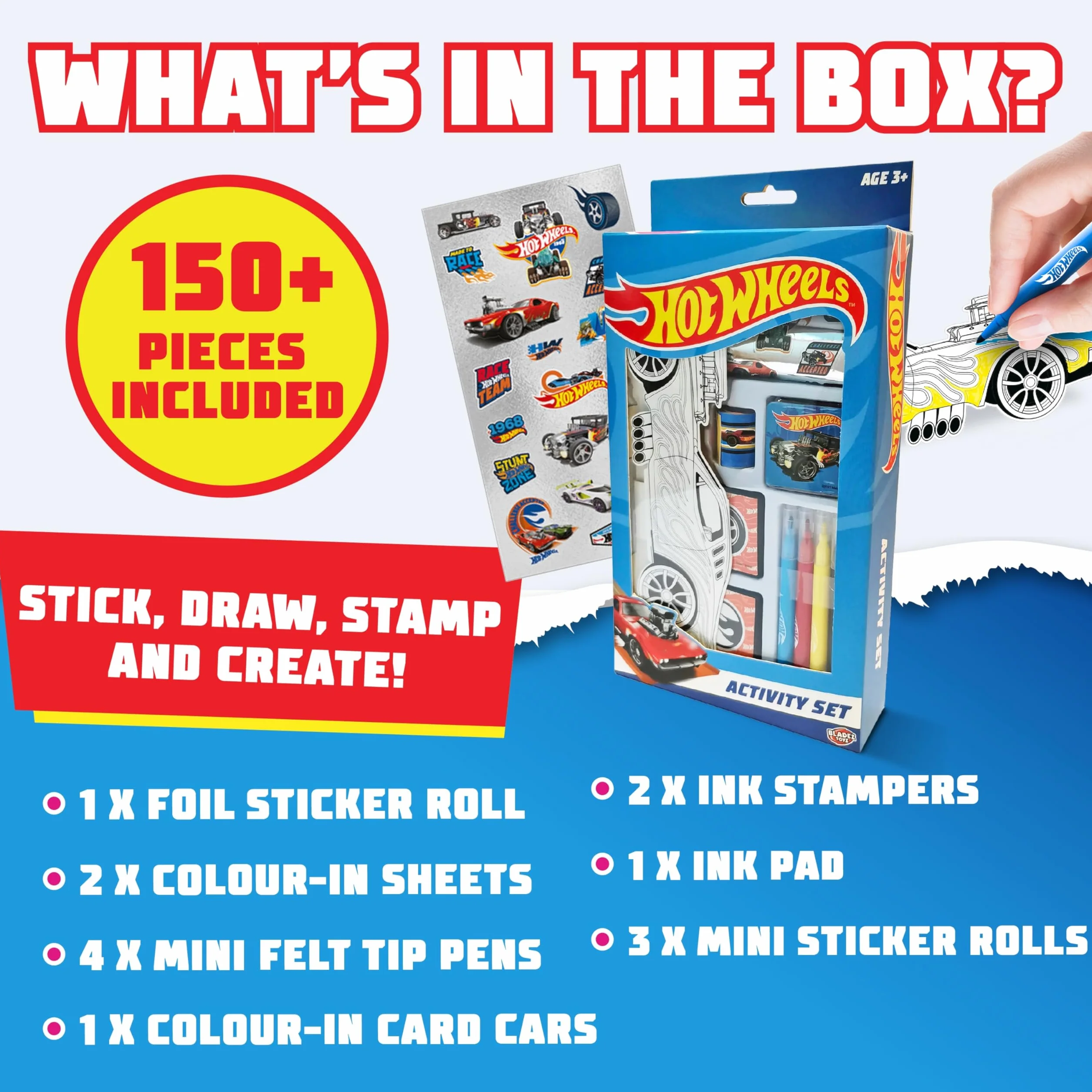 BLADEZ Hot Wheels zestaw aktywności, sztuka i rzemiosło, licencjonowany zestaw stacjonarny z długopisami i naklejkami, 150+ sztuk, kreatywny producent Kitz Toyz