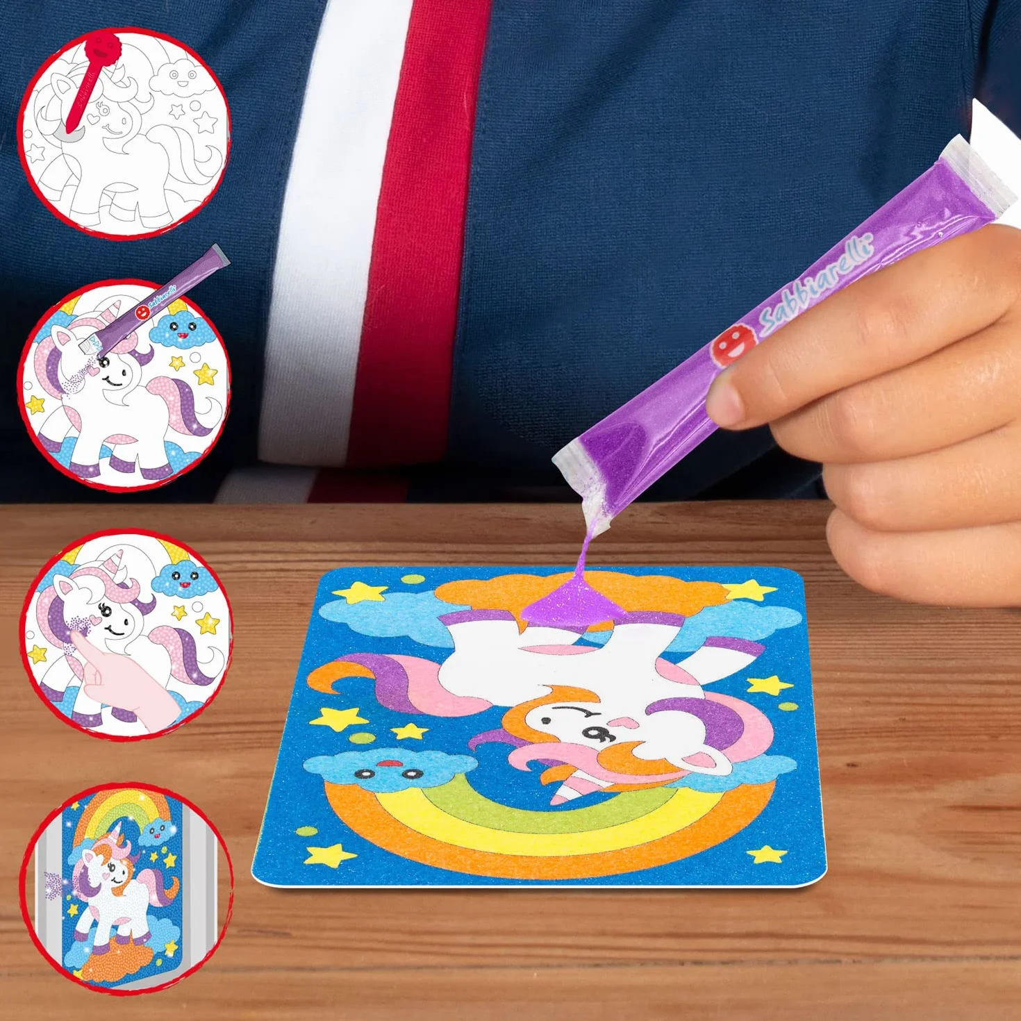 Sabbiarelli Sand-it For Fun – Bag Unicorns | Mini Kit Sand Art z Jednorożcami 100% Made in Italy z Kolorowym Piaskiem i Rysunkami Samoprzylepnymi | Prace Kreatywne dla Dzieci 5-12