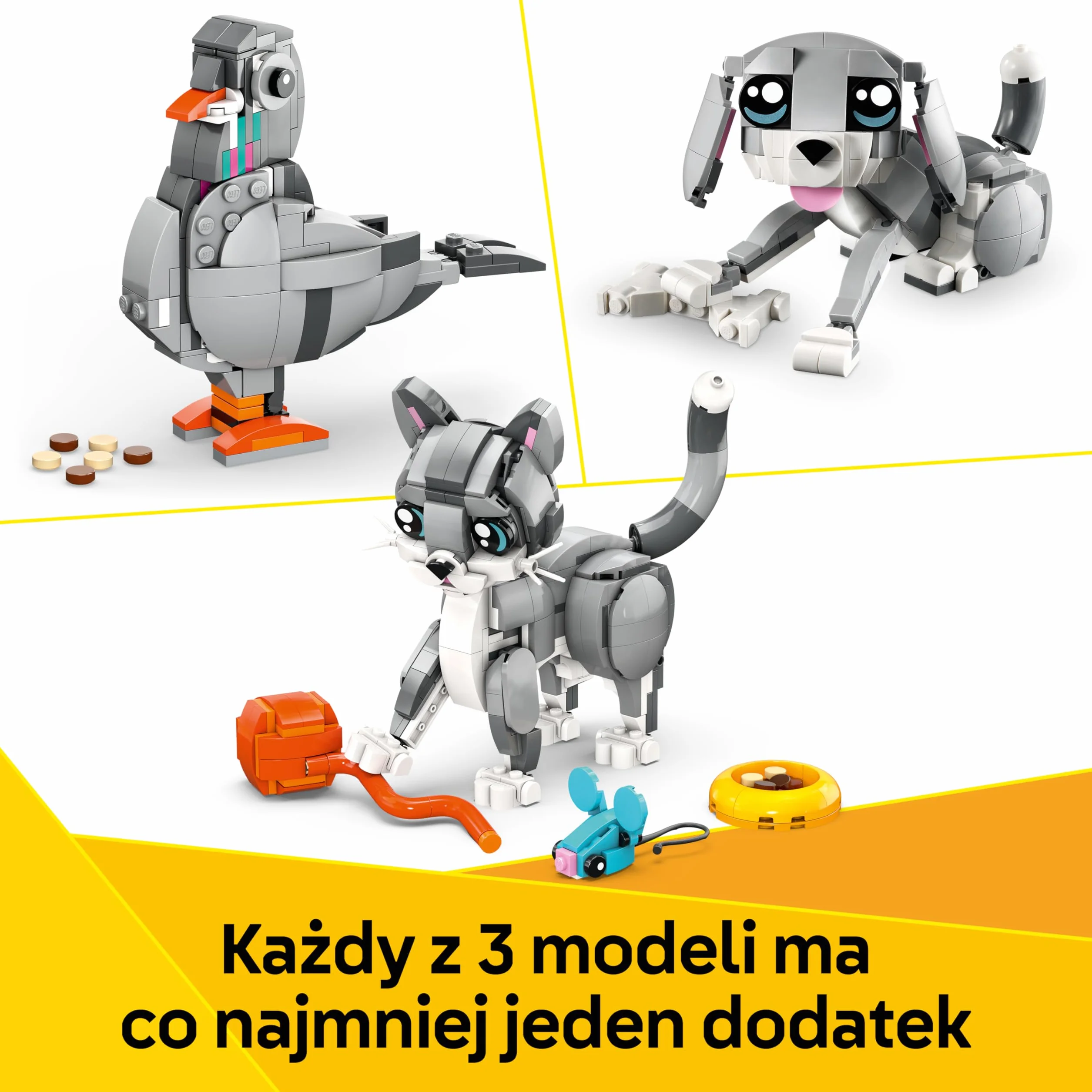 LEGO Creator 3 w 1 Psotny kot, Zabawka Konstrukcyjna dla Dziecka do Przebudowania na Figurki Zwierząt Psa lub Ptaka Gołębia, Pomysł na Kreatywny Prezent dla 8-latki, dla Dziewczynki i Chłopca 31163