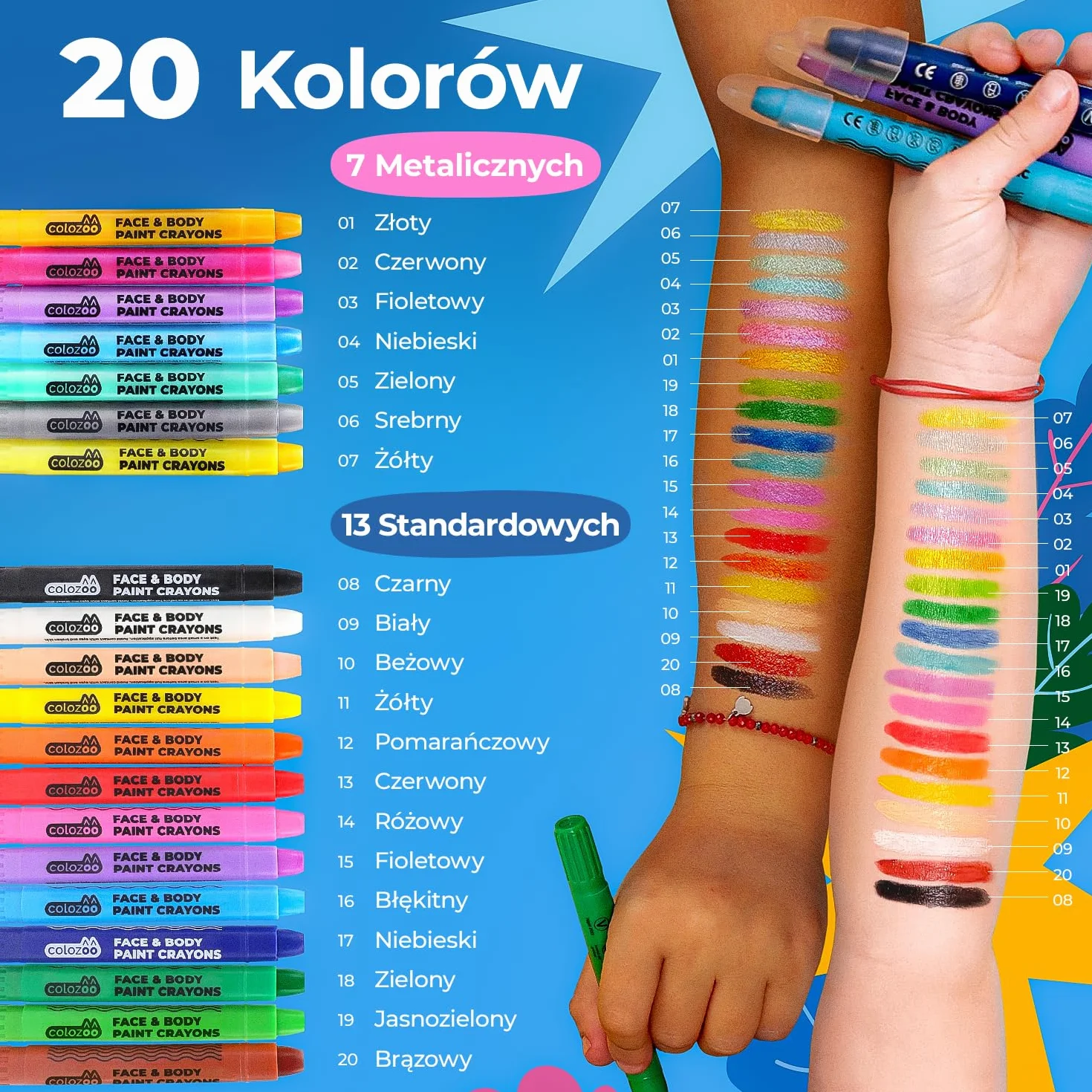 Zestaw kredek do makijażu Colozoo 20 kolorów dla dzieci | Makijaż twarzy z pędzlami i szablonami | Malowanie twarzy, brzuszka, kredki na karnawał, malowanie twarzy