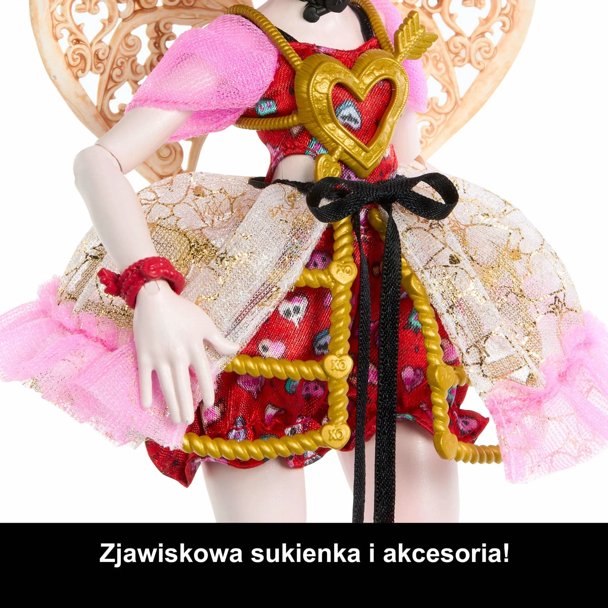 Monster High Straszysłodkie urodziny Cupid Asteria Lalka zabawka w różowo-czerwonej stylizacji z akcesoriami tematycznymi, w tym zaproszenie, „balon”, prezent i „cienie do powiek”, JBG77