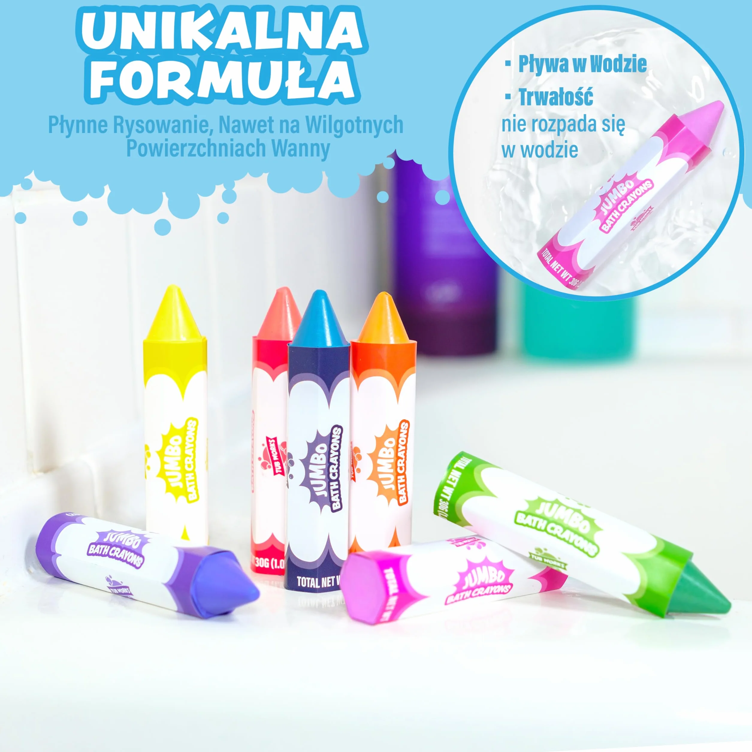 Tub Works Duże kredki do kąpieli, zabawka do kąpieli z | Nietoksyczne i zmywalne kredki do kąpieli dla dzieci | Rysuj na mokrych i suchych ścianach wanny | Duże i łatwe do uchwycenia