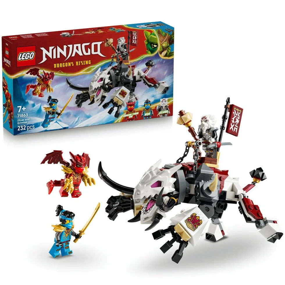 LEGO NINJAGO Zilvar i smocza bestia Grimtak, zabawka konstrukcyjna, klocki dla chłopca lub dziewczynki, zestaw z figurką smoka i minifigurkami, pomysł na prezent dla dziecka od 7 lat 71863
