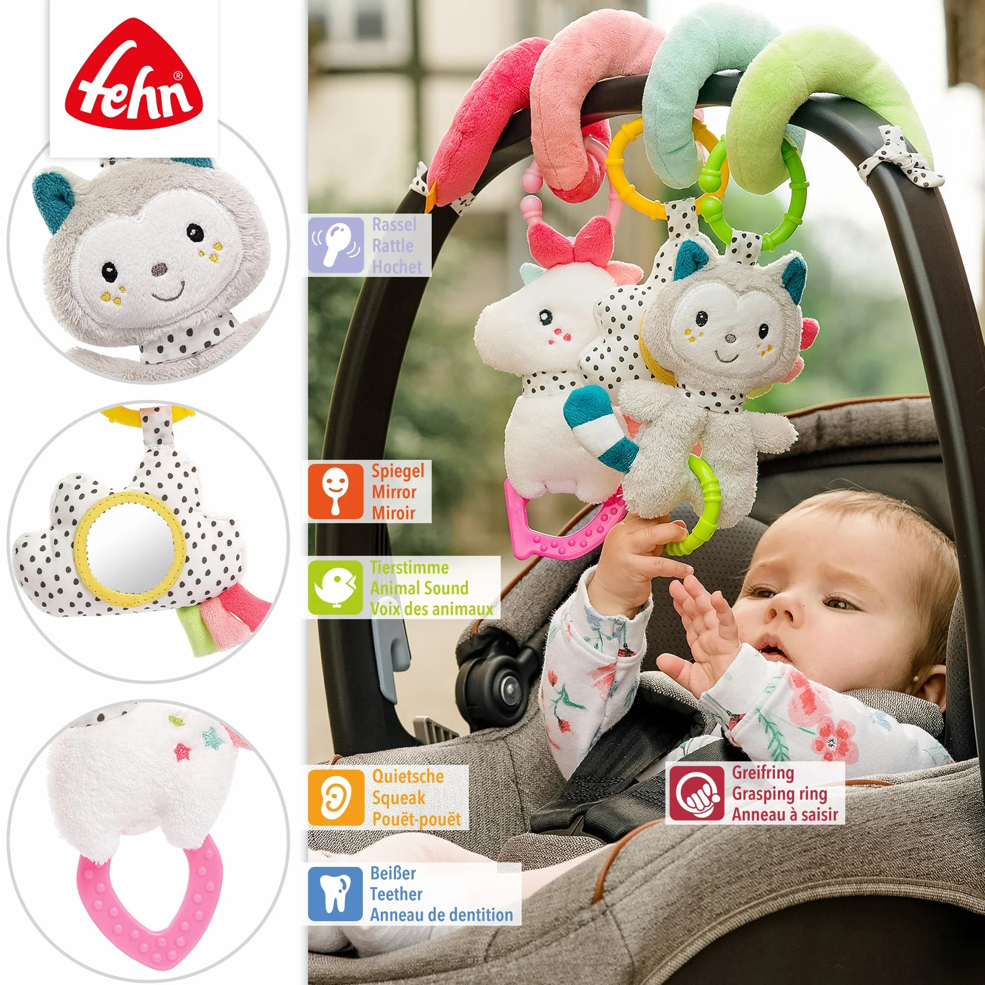 Fehn Activity Spirala Aiko & Yuki 057034 – zabawa w dotyku i chwytanie – dla niemowląt i małych dzieci od 0+ miesięcy – długość: 30 cm