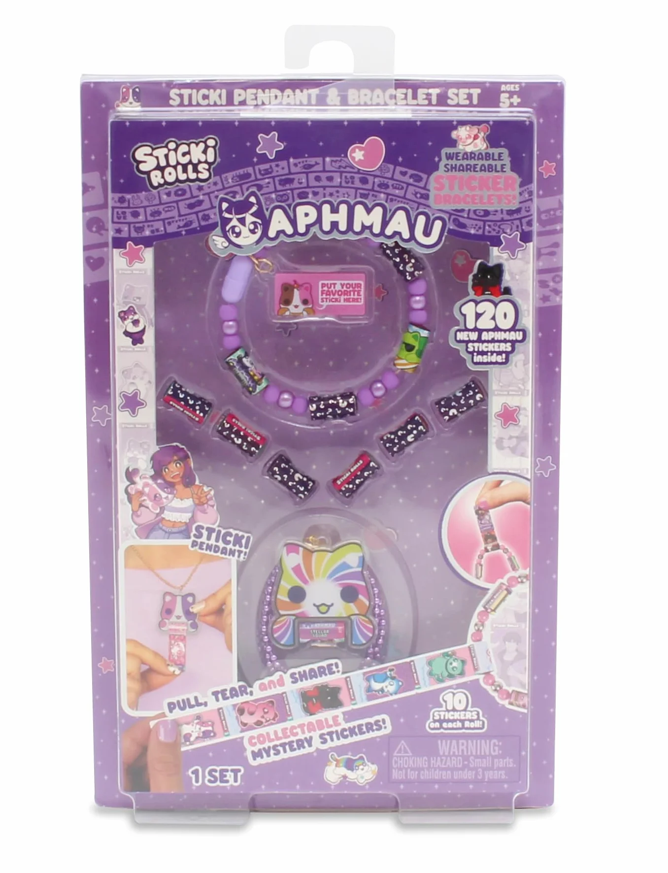 Sticki Rolls Zestaw wisiorków i bransoletek Aphmau, edycja limitowana, zawiera 120 naklejek, holograficzny wisiorek i bransoletkę Aphmau, kolekcjonerska zabawa kawaii!